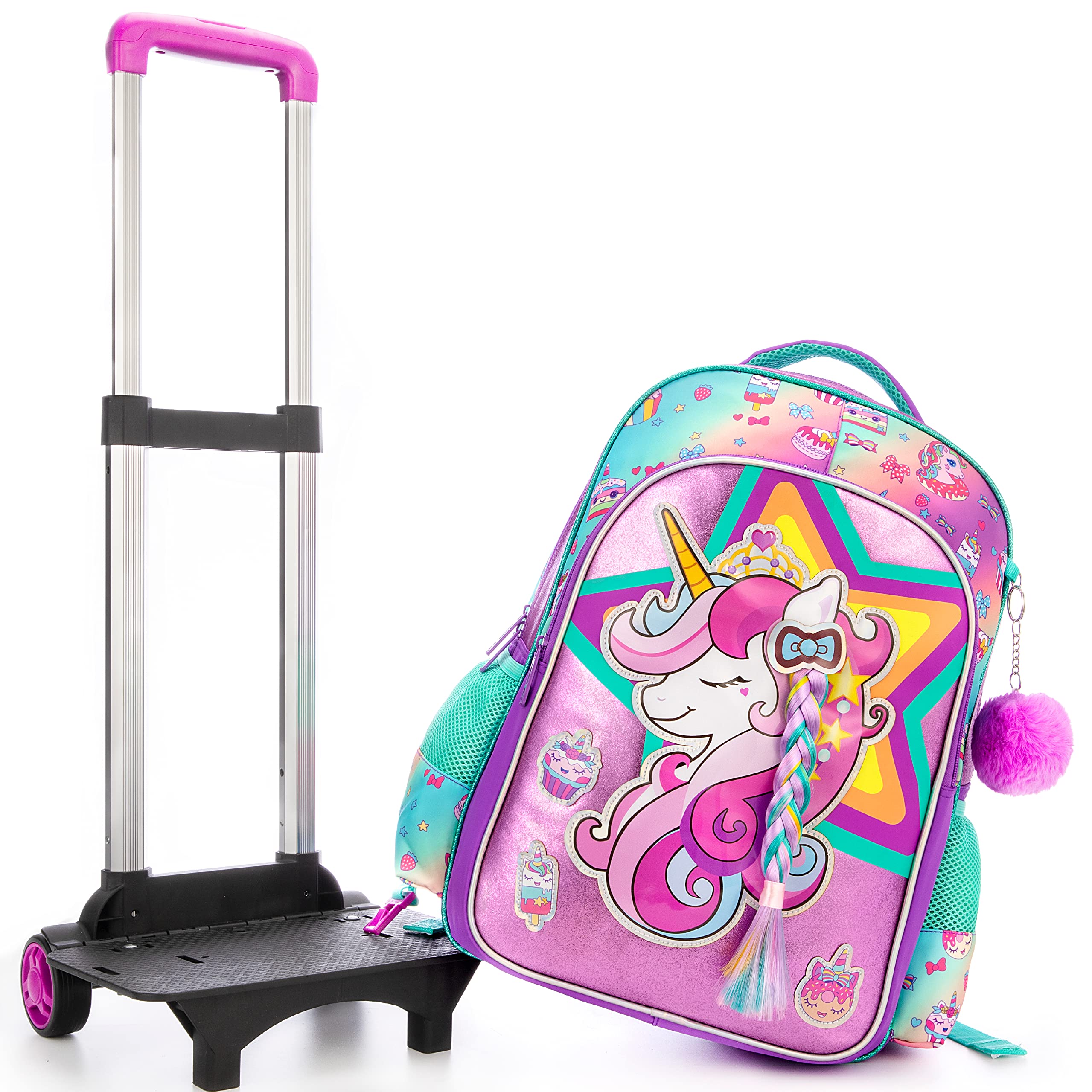 HTgroce Zaino Scuola Elementare Bambina Trolley 16 inch Zaino Trolley con Astuccio e Pranzo al Sacco, Zaino con Ruote Scuola Elementare Bambini Buono per la Scuola e i Viaggi