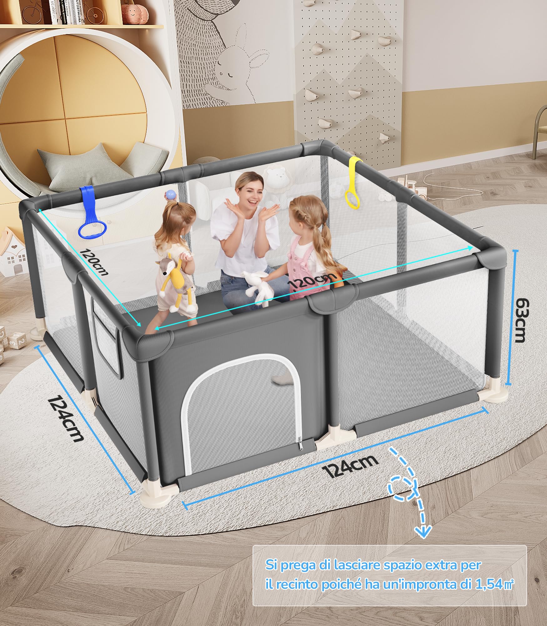 Dripex Box per Bambini Recinto Neonato - Small - Grigio Scuro | 124 x 124 cm Rete Traspirante Tessuto Oxford 210D, 2 Anelli di Gioco