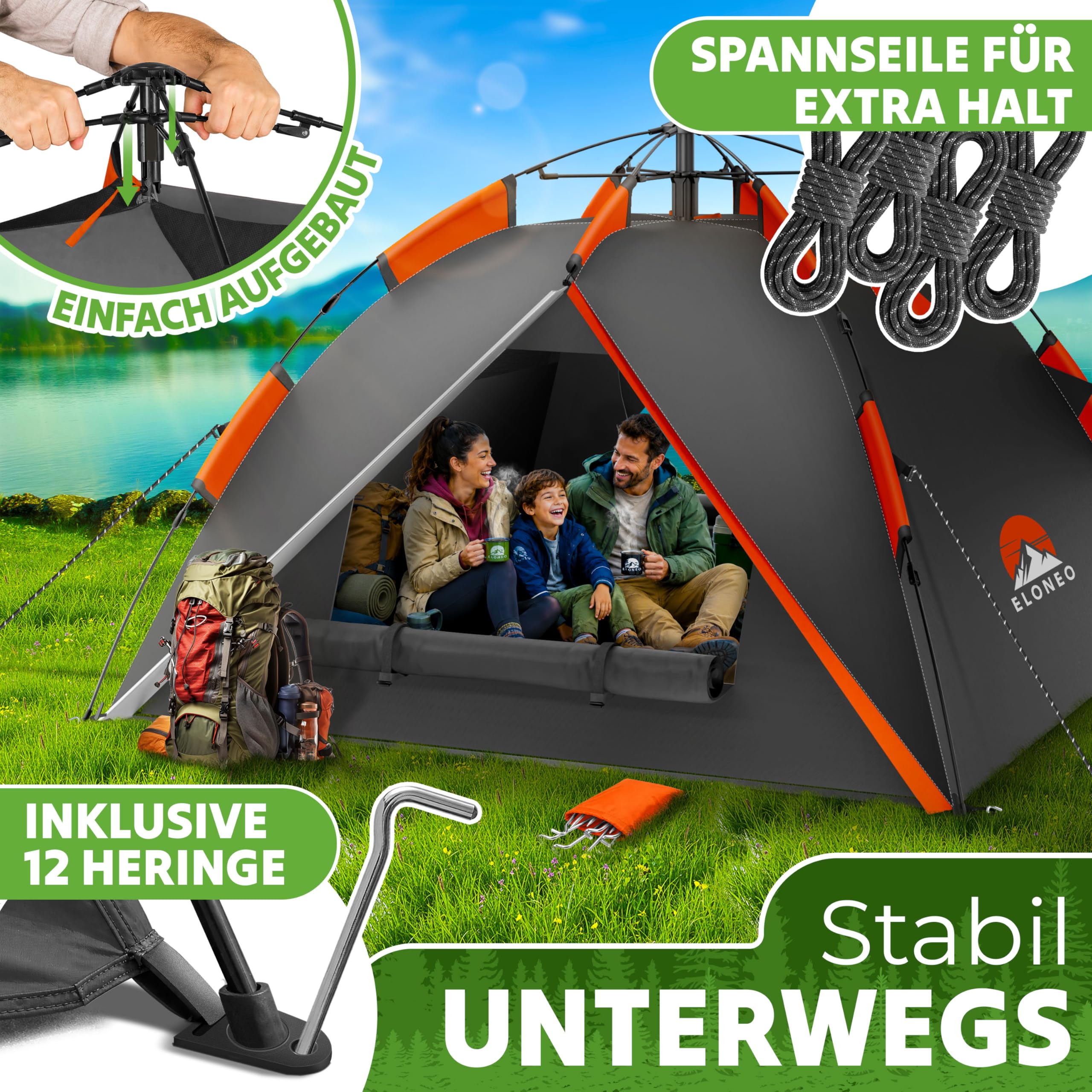 ELONEO Wurfzelt - extra wasserdicht & stabil, schneller Auf- & Abbau in 45 Sekunden | Wurfzelt 4 Personen wasserdicht | Wurfzelt 3 Personen | Wurfzelt 2 Personen, Pop Up Zelt 2 Personen | Camping Zelt
