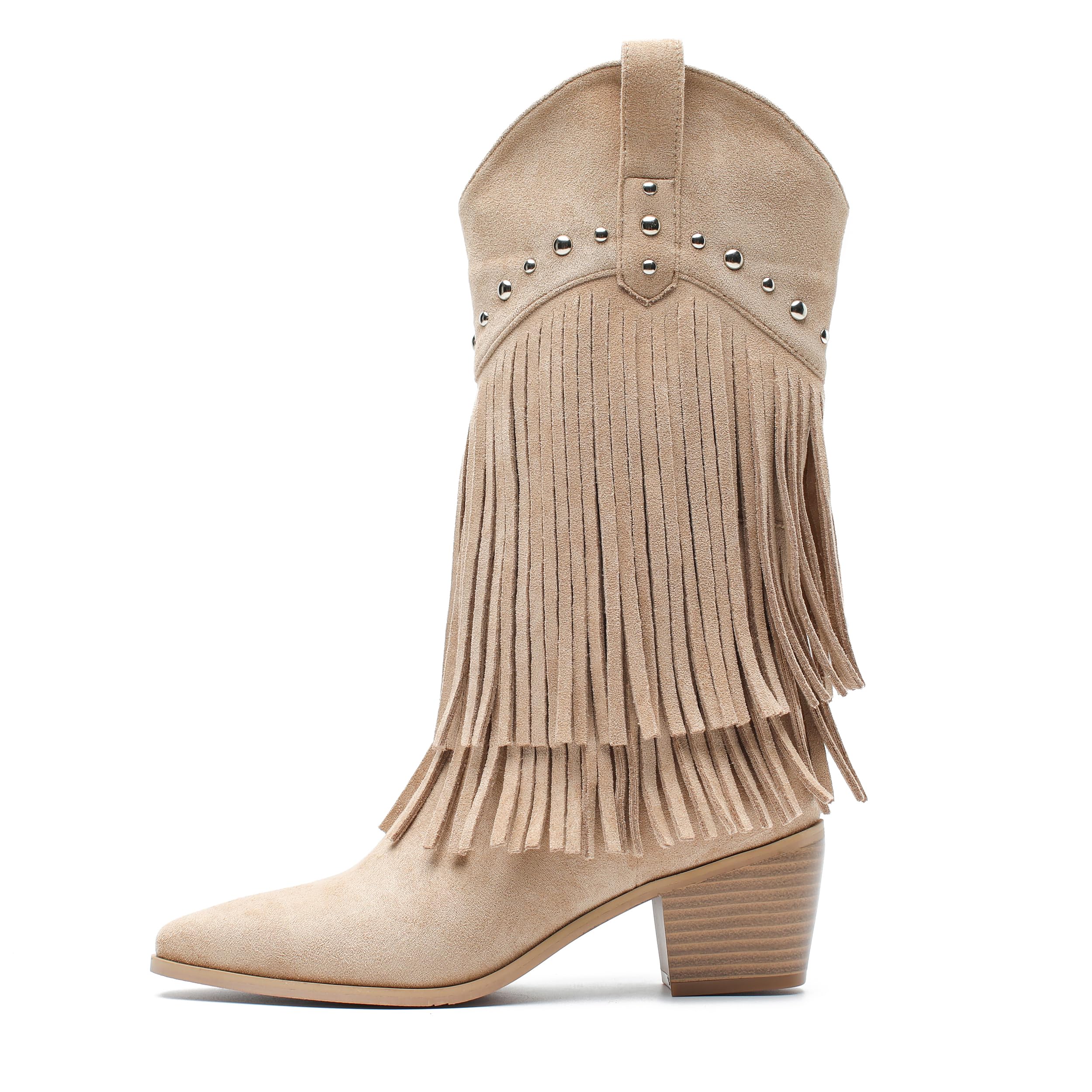 fereshte Womens Western Fringe Boots Mid-Calf Cowgirl Boot with Studded Detail Stacked Block Heel Layered Tassel Design