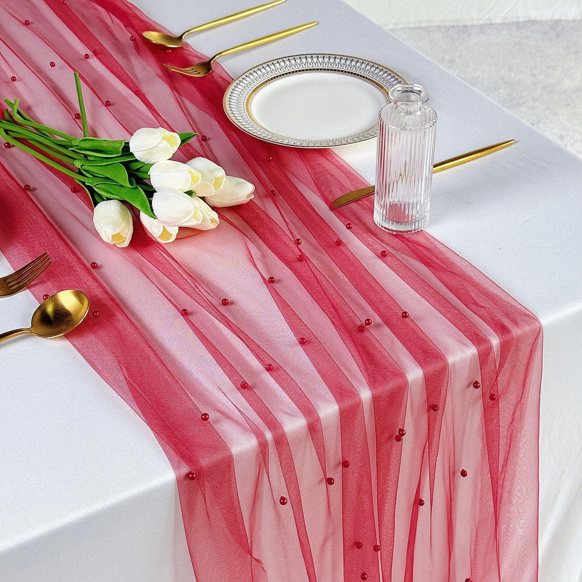 Plancholo Pearl Table Runner 118 Inches Long Wine Red Boho Rustic Tulle Table Runner with Wine Red Pearls for Wedding Birthday Party Table Decor, 30x118 Inches