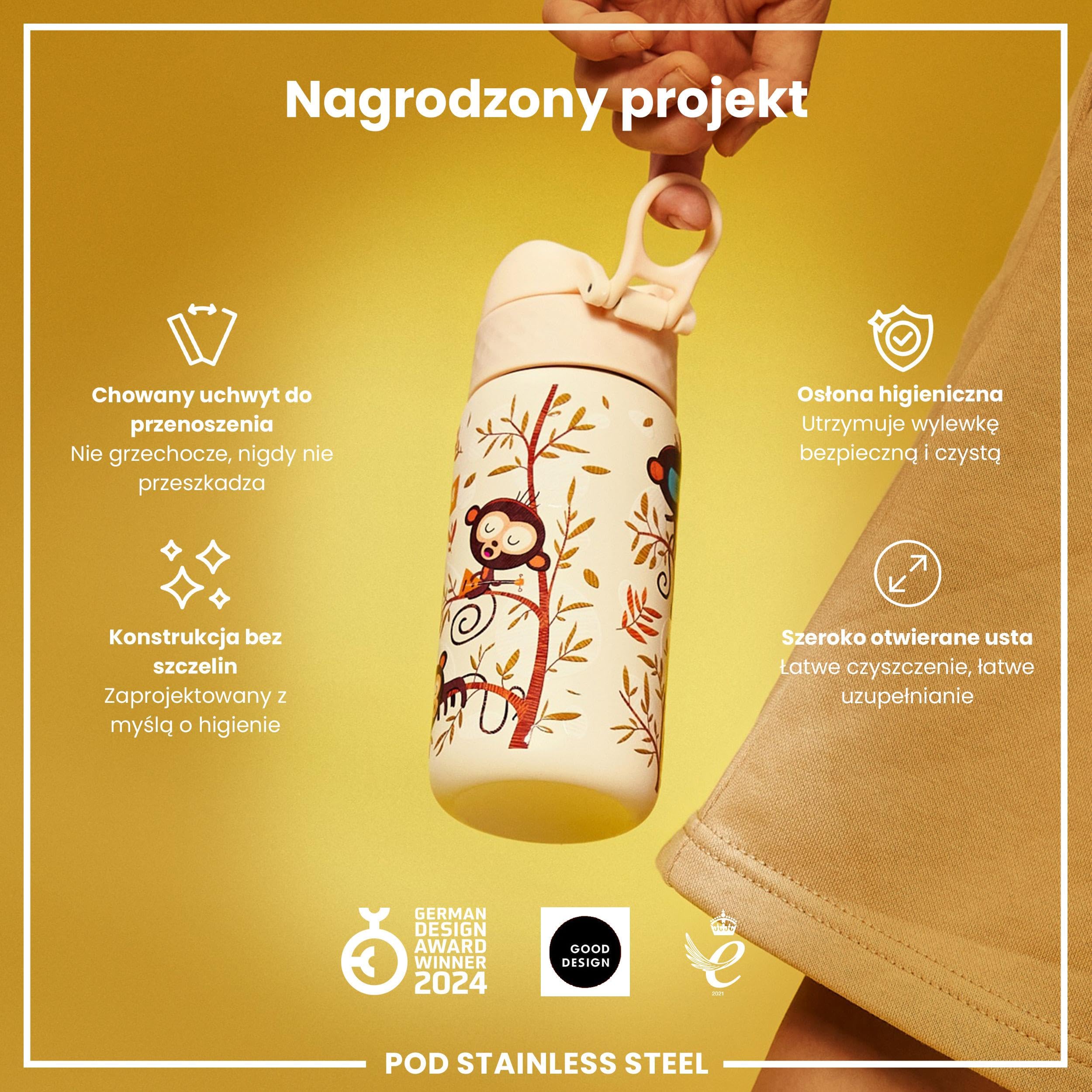 ION8 Butelka na Wodę dla Dzieci ze Lekki Stali, 400 ml/13 oz, Nieocieplany, Szczelna, Łatwa do Otwarcia, Bezpieczny Zamek, Można Myć w Zmywarce, Składany Uchwyt, Łatwa w Czyszczeniu, Małpy