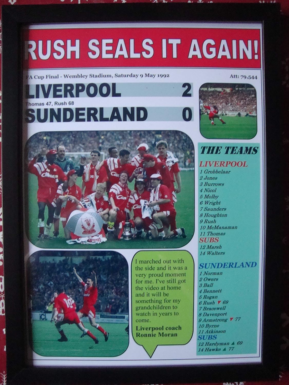 Sports Prints UK Liverpool 2 Sunderland 0-1992 FA Cup final - framed print