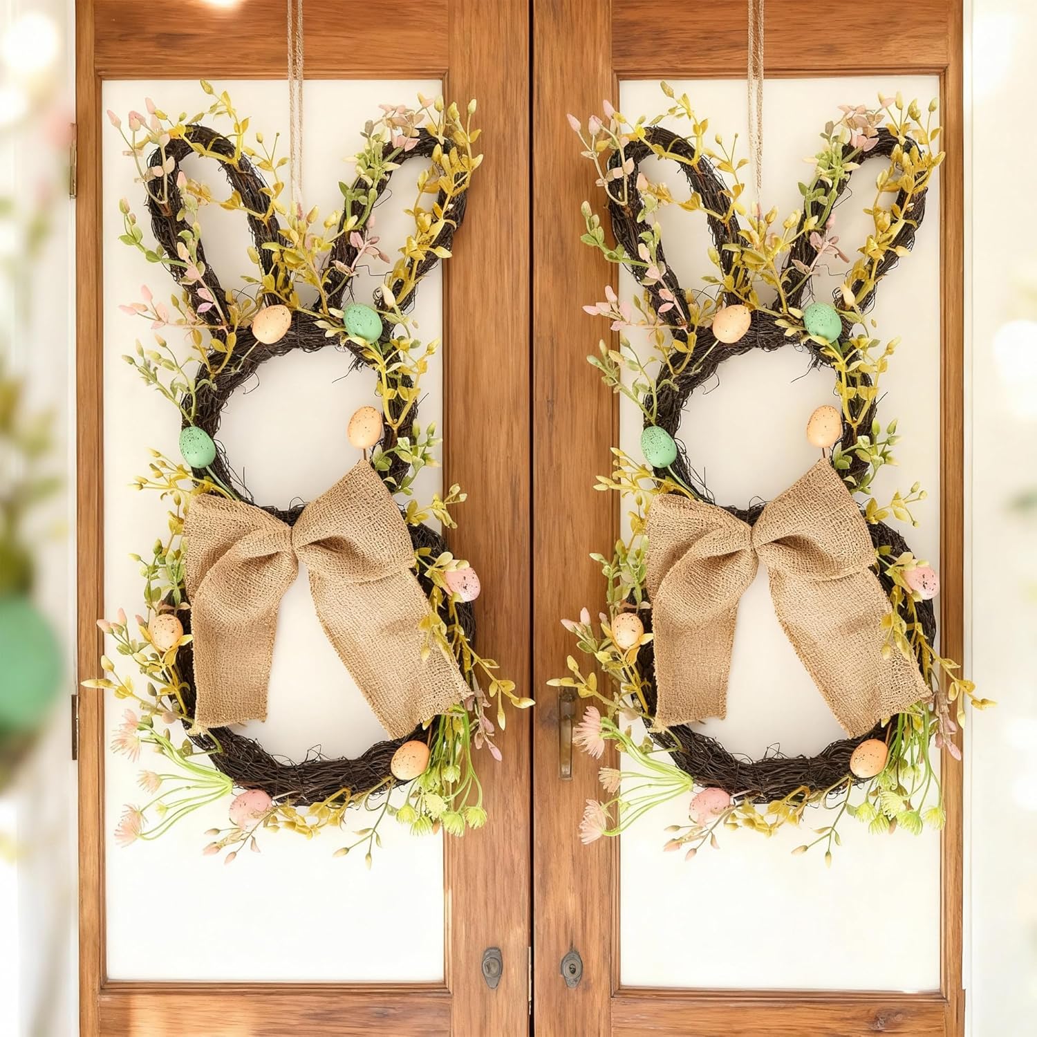 2 Pack Easter Bunny Wreath for Front Door - Large 20 Inch Rabbit Shaped Spring Wreaths with Eggs and Burlap Bow - Natural Vine Hanging Decor for Double Door Wall Porch Farmhouse (Indoor & Covered Outd
