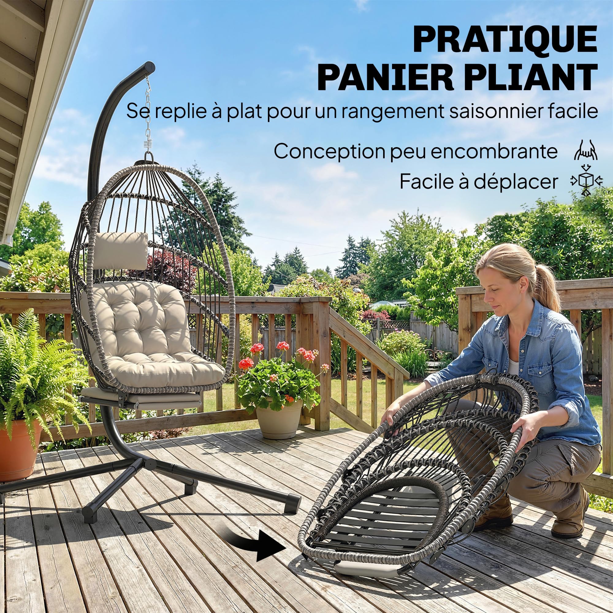 Outsunny Fauteuil Suspendu avec Support, Chaise Suspendue Pliante avec Repose-Pieds rétractable, Coussin Doux et appuie-tête, pour intérieur et extérieur, terrasse ou Jardin, Gris Clair