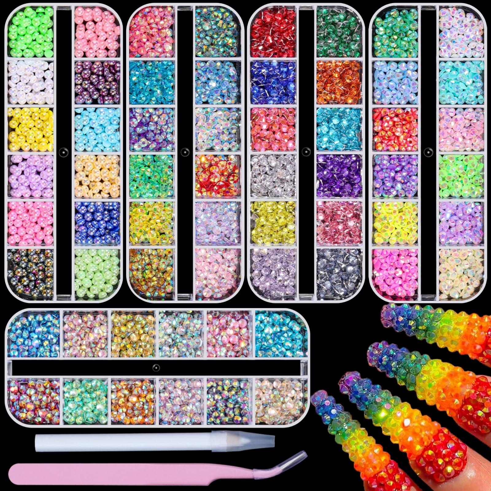5 Boxes 3000pcs Sparkling Crystal Nail Rhinestones Pearls Kit, Flatback Multicolor Transparent Jelly AB Mermaid Gems with Pick Up Pen and Curved
