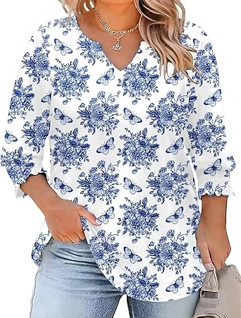 Rapbin Womens Plus Size Tops 3/4 Sleeve Blouses Shirts Casual V Neck Loose Tunic Tops 1X-5X