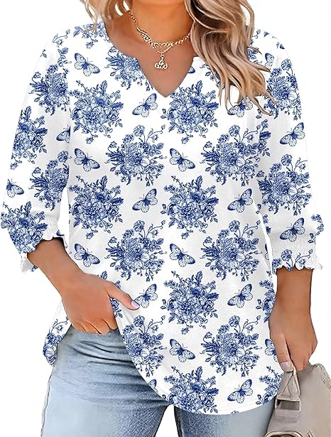 Rapbin Womens Plus Size Tops 3/4 Sleeve Blouses Shirts Casual V Neck Loose Tunic Tops 1X-5X