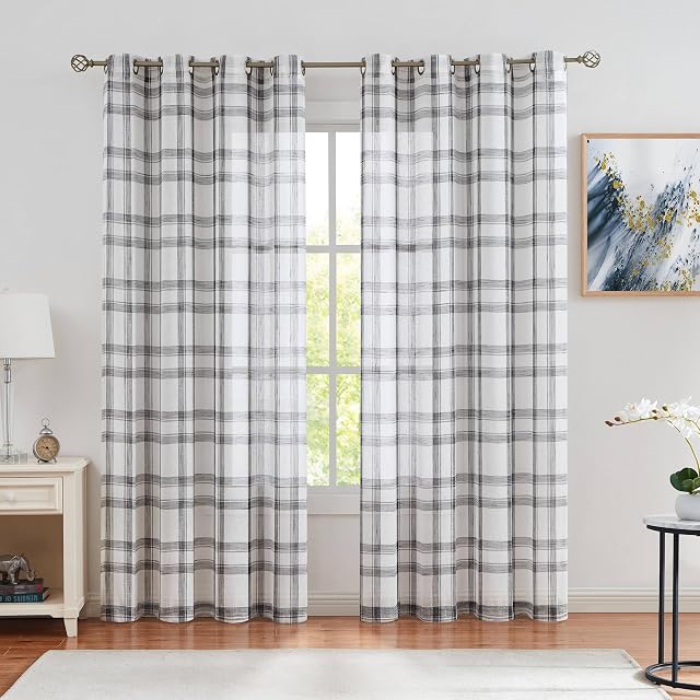 Randall Modern Geometric Curtain Panels Pair Soft Touch Light Filtering Black semi-Sheer Linen Blend Drapes with Nickel Grommet Top,Rustic Farmhouse Style Drapes for Living Room,63 inch,2 Panels