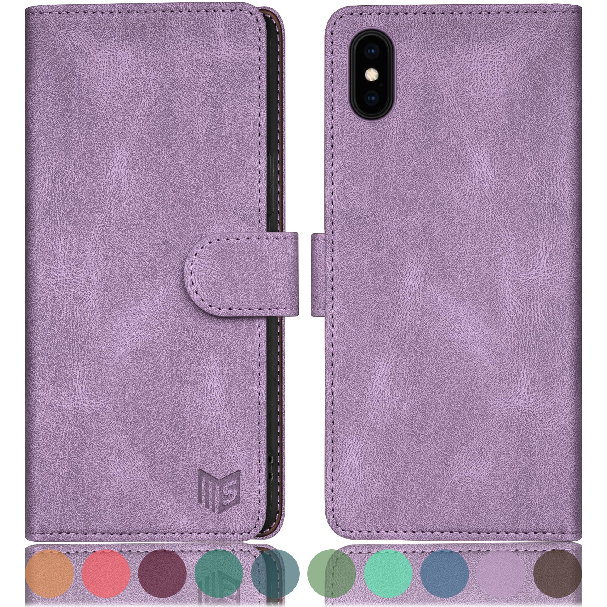 SUANPOT Funda para iPhone X/XS 5,8" con Tapa 【Bloqueo RFID】de Cuero PU Cierre Magnético，Soporte Plegable，Ranura para Tarjeta Cover Wallet Leather para Apple X/XS Phone Case Lila Violeta