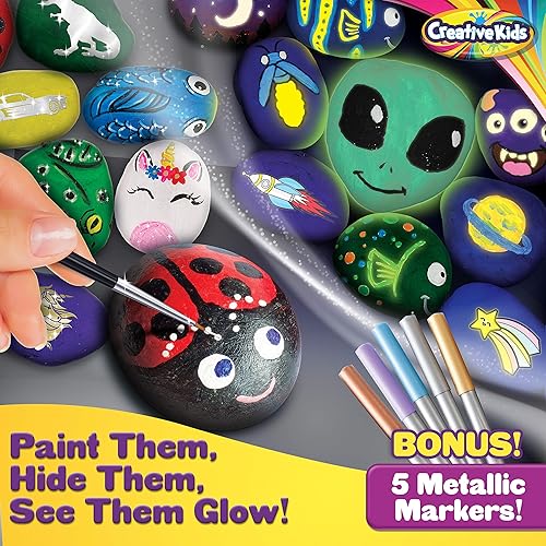 Miniatura 2 de Kit de pintura de rocas para niños, paquete a granel de 80 piezas, 20 rocas, 5 pinturas que brillan en la oscuridad y 12 pinturas estándar, 5