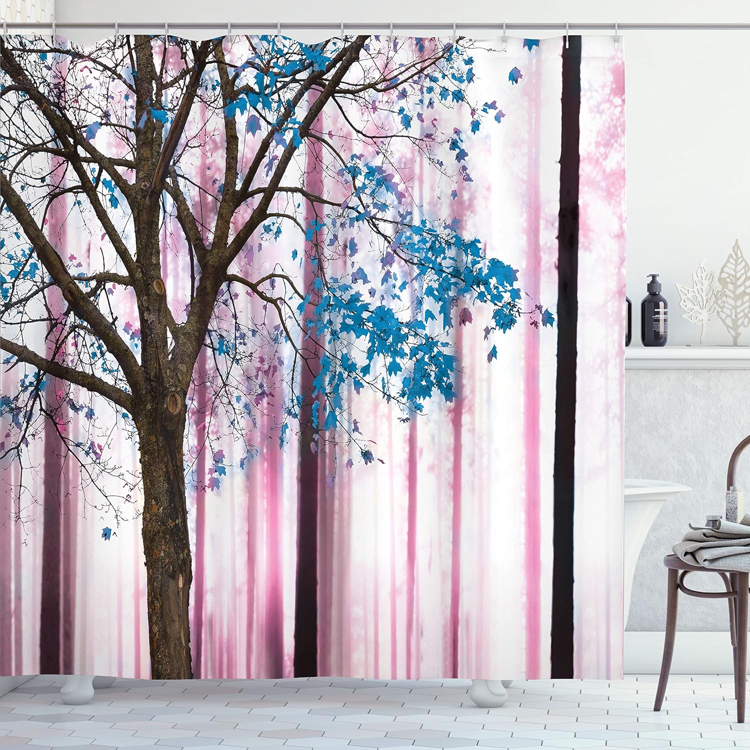 Ambesonne Autumn Shower Curtain, Picture of a Lonely Tree Leaves on an Abstract Woodland Background Print, Cloth Fabric Bathroom Decor Set with Hooks, 69" W x 84" L, Baby Pink