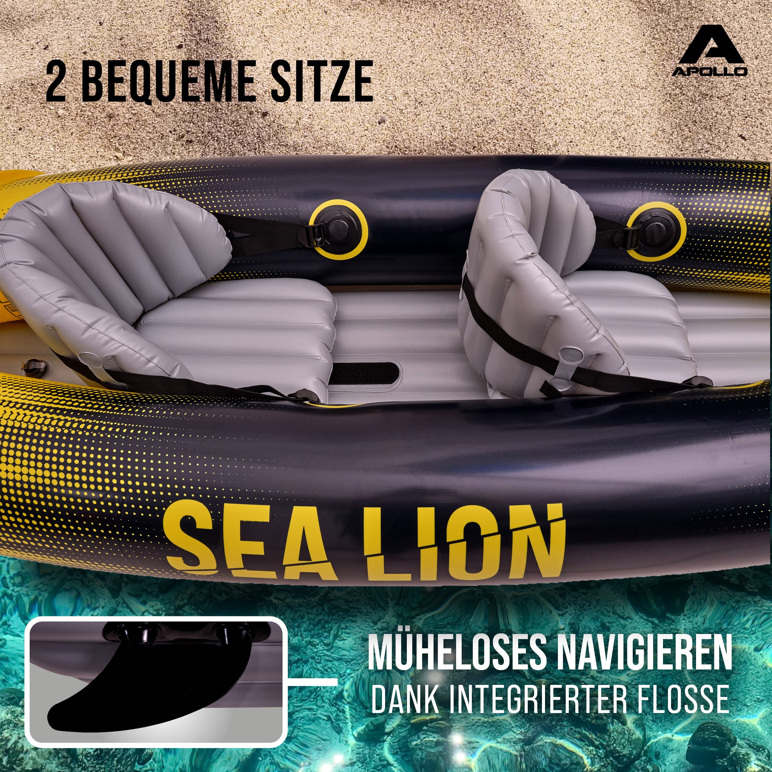 Apollo Kajak Sea Lion | aufblasbar, extra geräumig 312 x 91 x 51 cm | stabiles und leichtes Kanu | bequemes und wendiges Kajak aufblasbar 2 Personen Maximalbelegung | Komplettset einsatzbereit