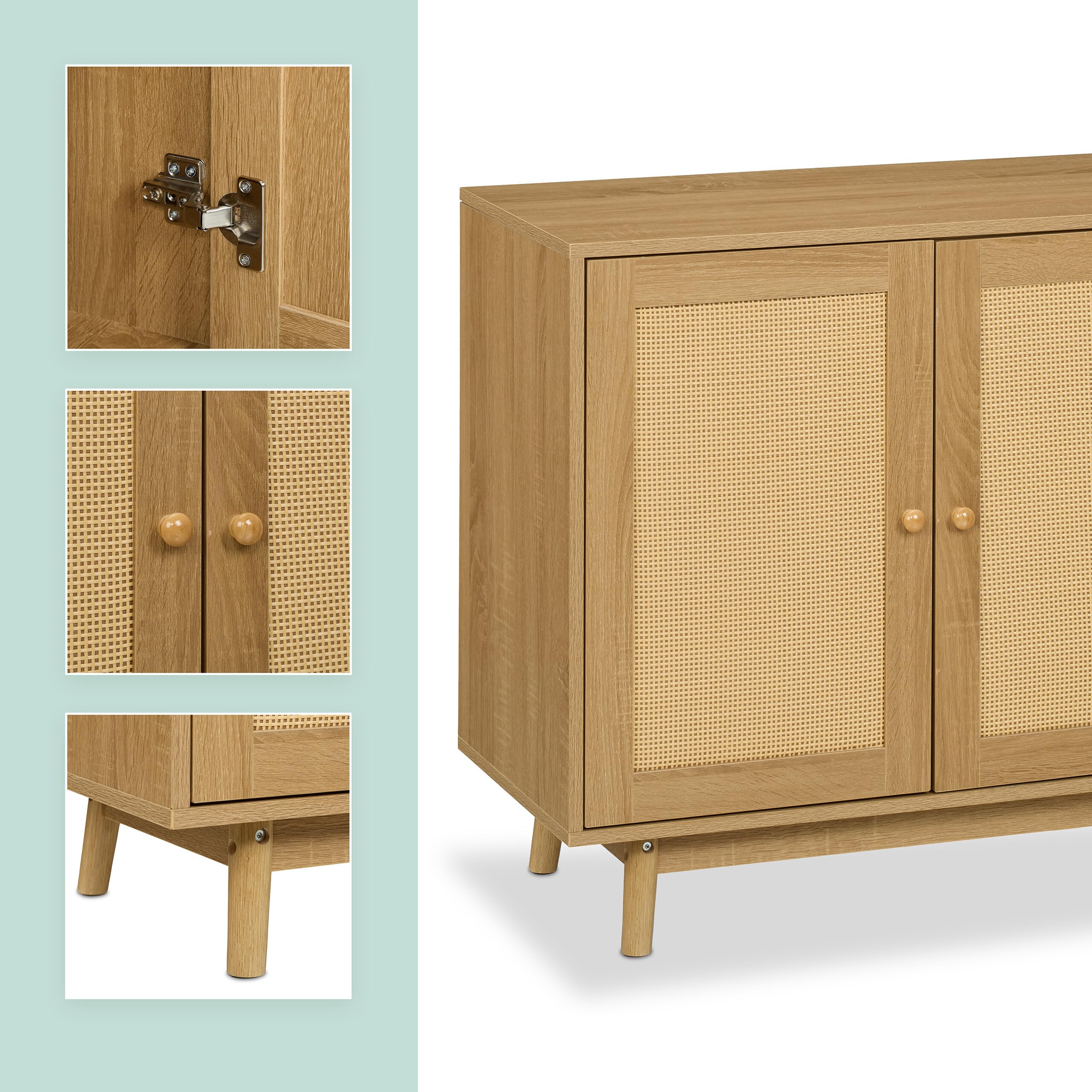 Relaxdays Aparador, 2 Compartimentos, Efecto Ratán y Madera, 75 x 80 x 40 cm, Armario Auxiliar Cocina, Salón, Natural