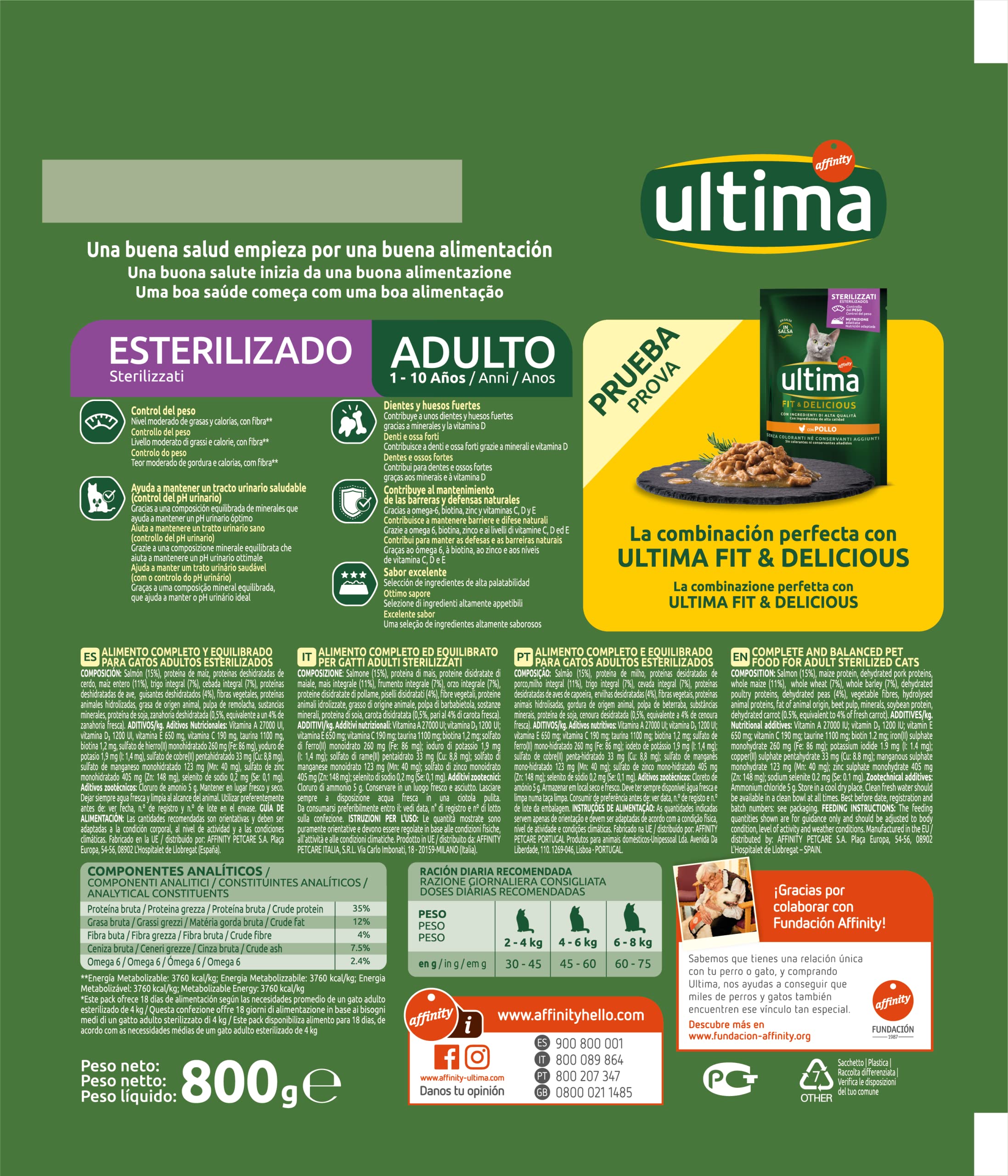 ultima Pienso para Gatos Esterilizados Adultos con Salmón, Pack de 8 x 800 gr - Total: 6.4k g & Pienso para Gatos Esterilizados Adultos con Buey, Pack de 8 x 800g - Total: 6.4kg