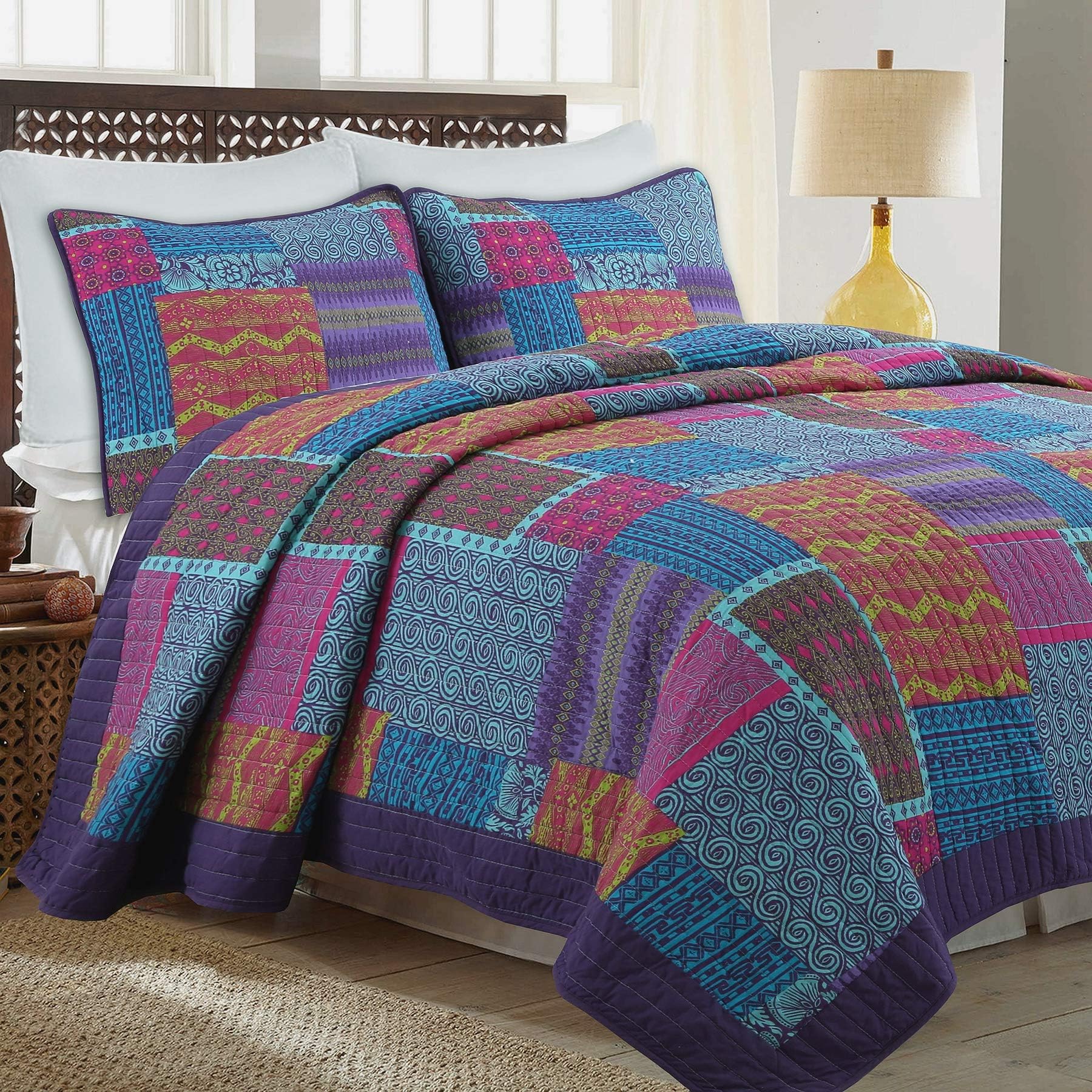 Cozy Line Home Fashions 100% Cotton Artsy Bohemian Purple Blueberry Fuchsia Patchwork Reversible Quilt Bedding Set, Coverlet Bedspread for All Seasons (Boho Chic, Queen - 3 Piece)