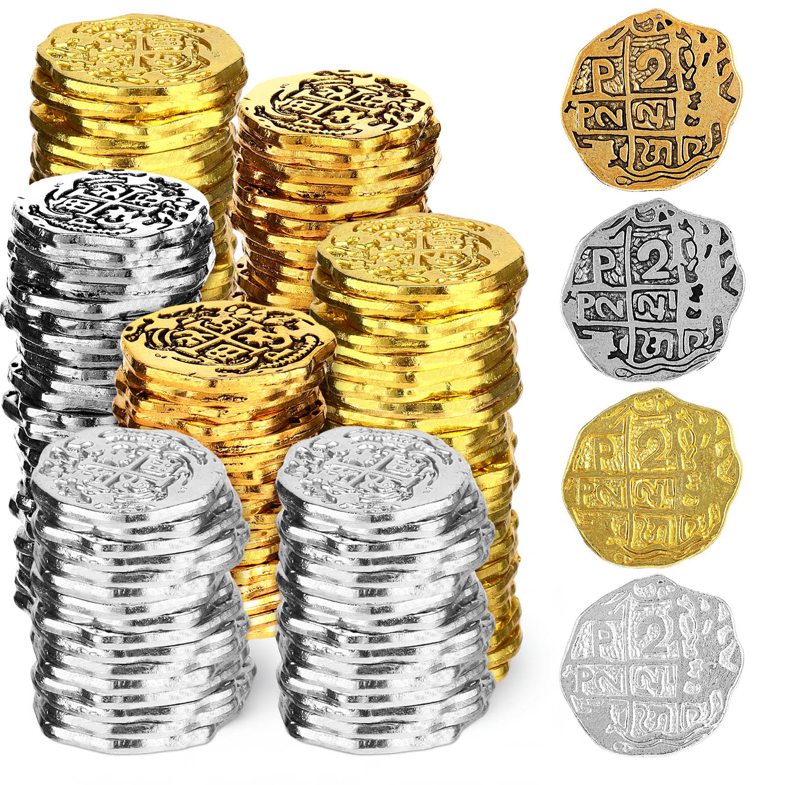 HICARER 60 Pezzi Monete dei Pirati in Metallo Repliche del Doblone Spagnolo Monete dei Pirati Giocattoli di Moneta del Tesoro per Decorazioni per Bomboniere (Set di Colori 1, 60 Pezzi)