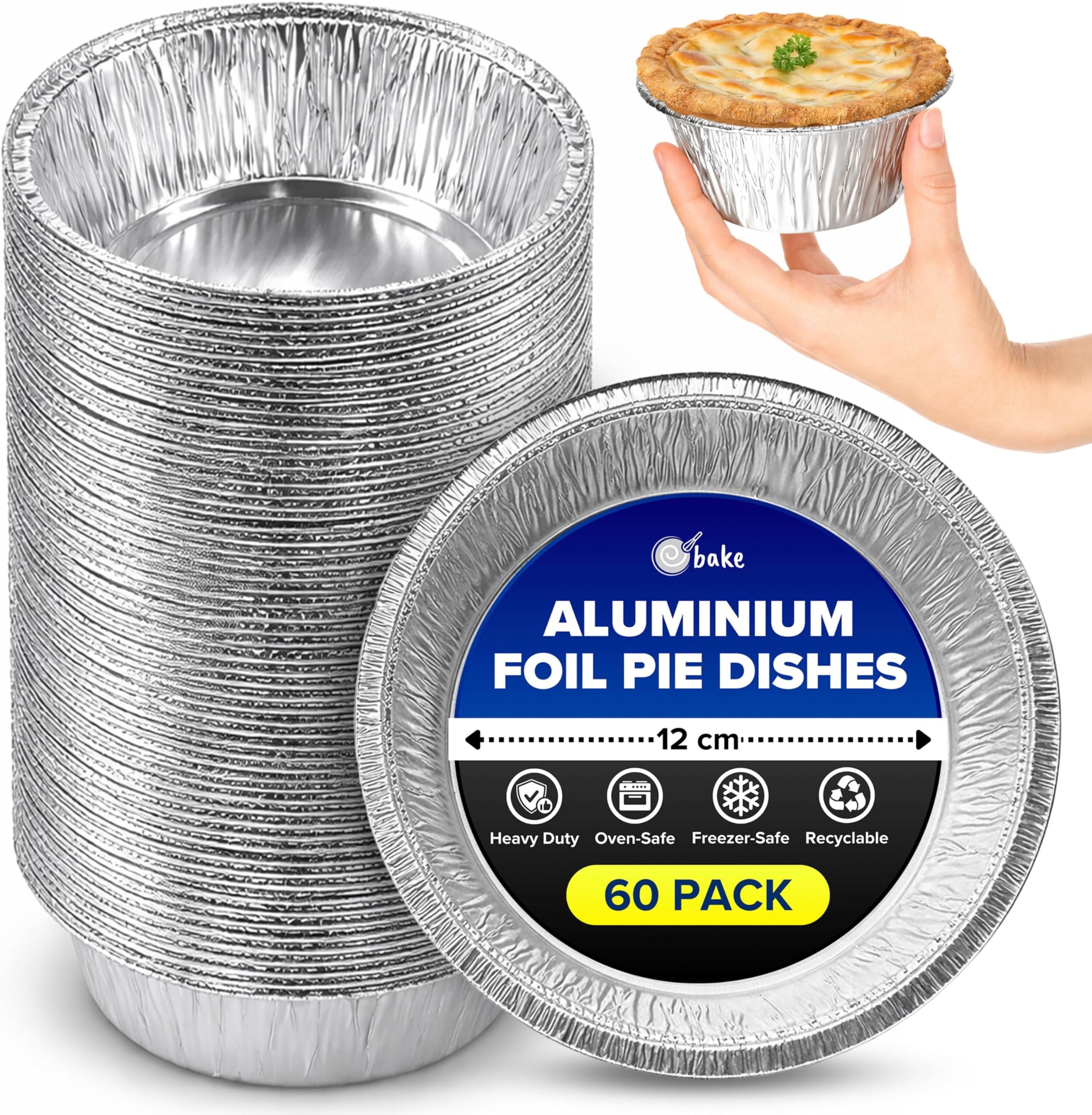 ebake Aluminium Round Foil Dishes 12cm (60 Pack) - Disposable Baking Trays for Pies, Quiche, Pastries and Cake