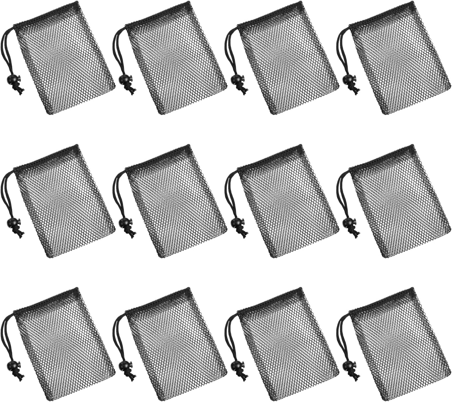 12Pack Mesh Bags Drawstring, Portable Nylon Storage Mesh Bags, Black Nylon Drawstring Bag for Travel Stuff, Beach Toys, Outdoor activities, Seashell Collecting (6 X 4 Inch)