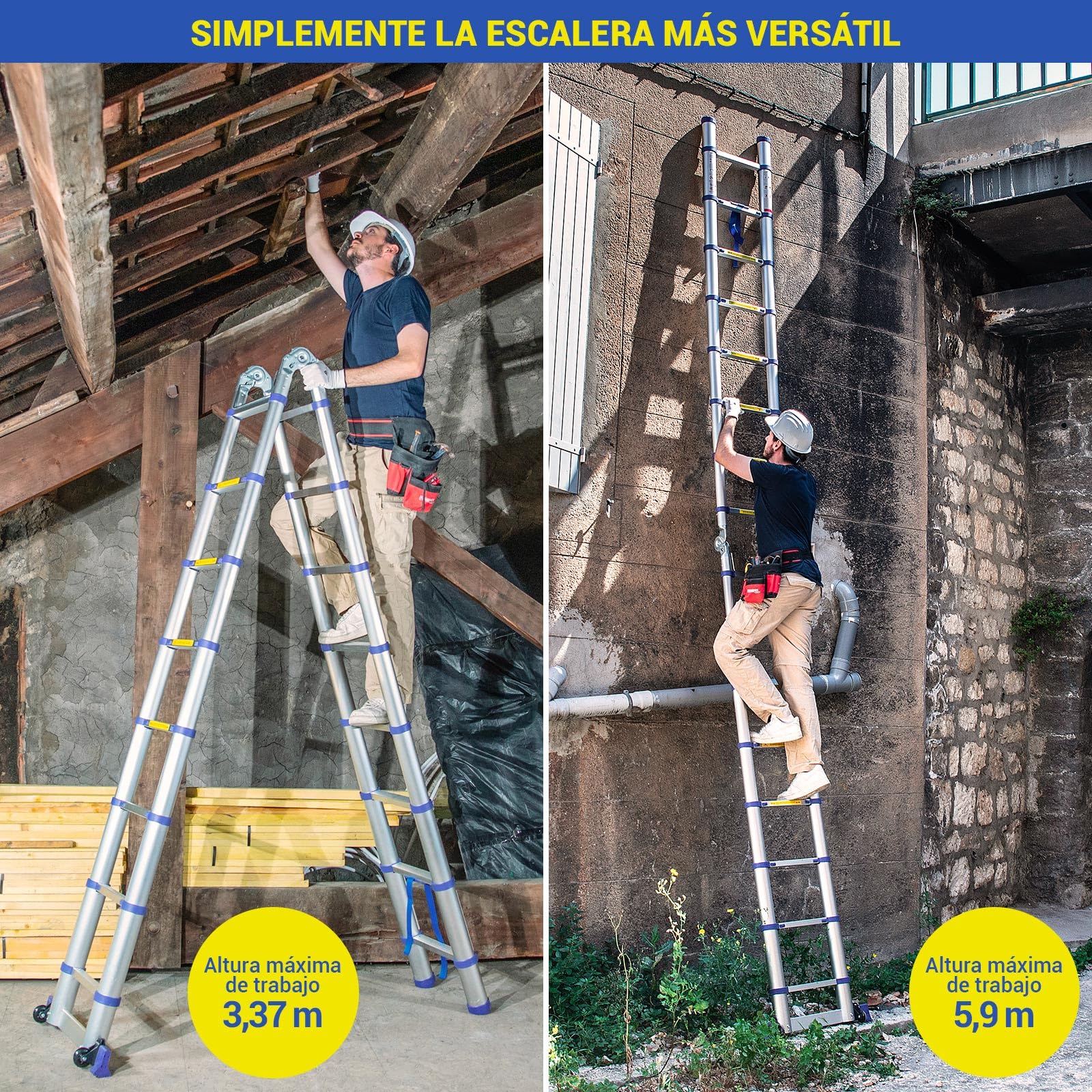 HOSTRÖM Escalera telescópica articulada de 5 m STEMPAKT, Escalera de 2 x 8 peldaños Plegable Profesional multifunción, Altura de Trabajo máx. 5,9 m, garantía de 5 años.
