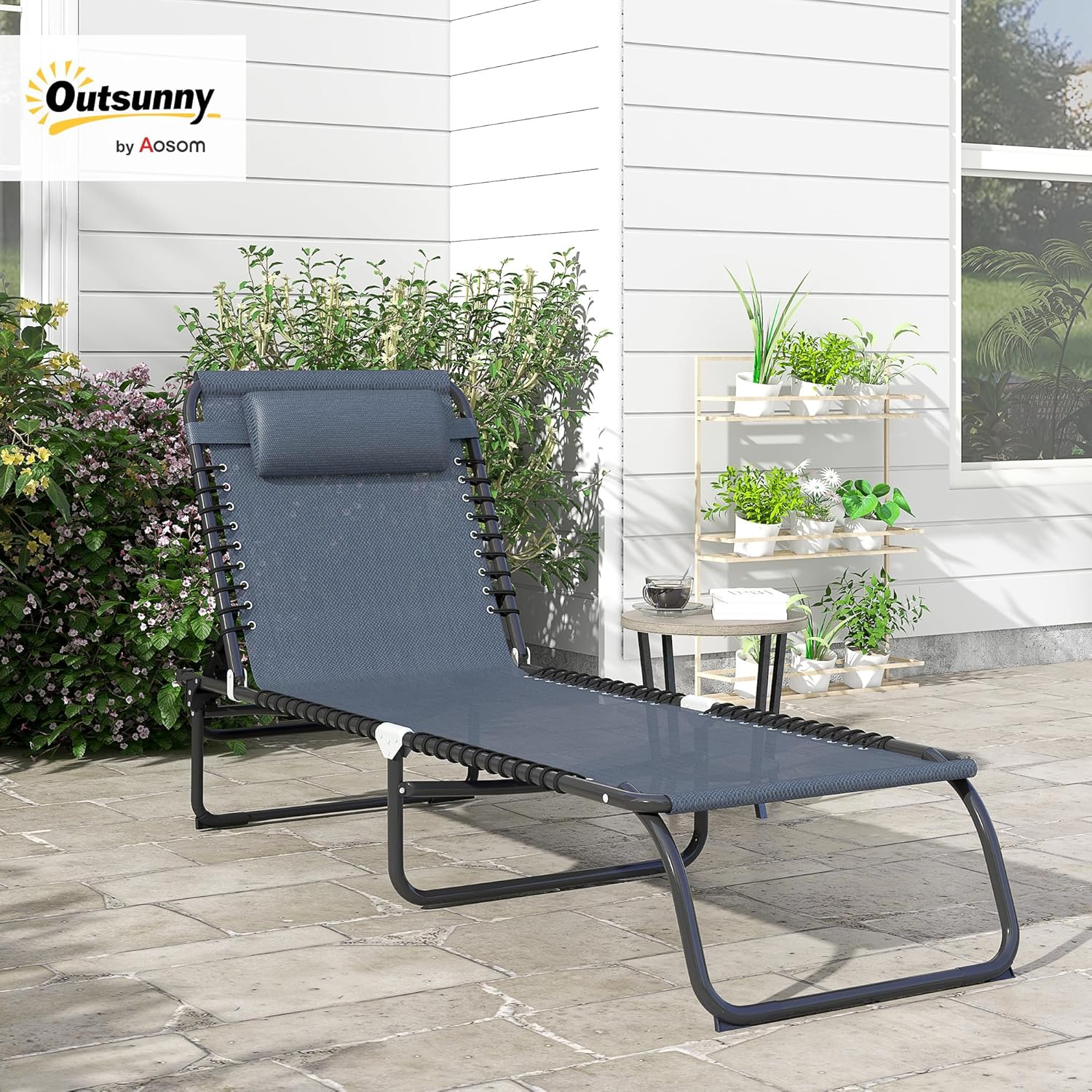 Outsunny Folding Chaise Lounge Chair folded and unfolded with dimensions