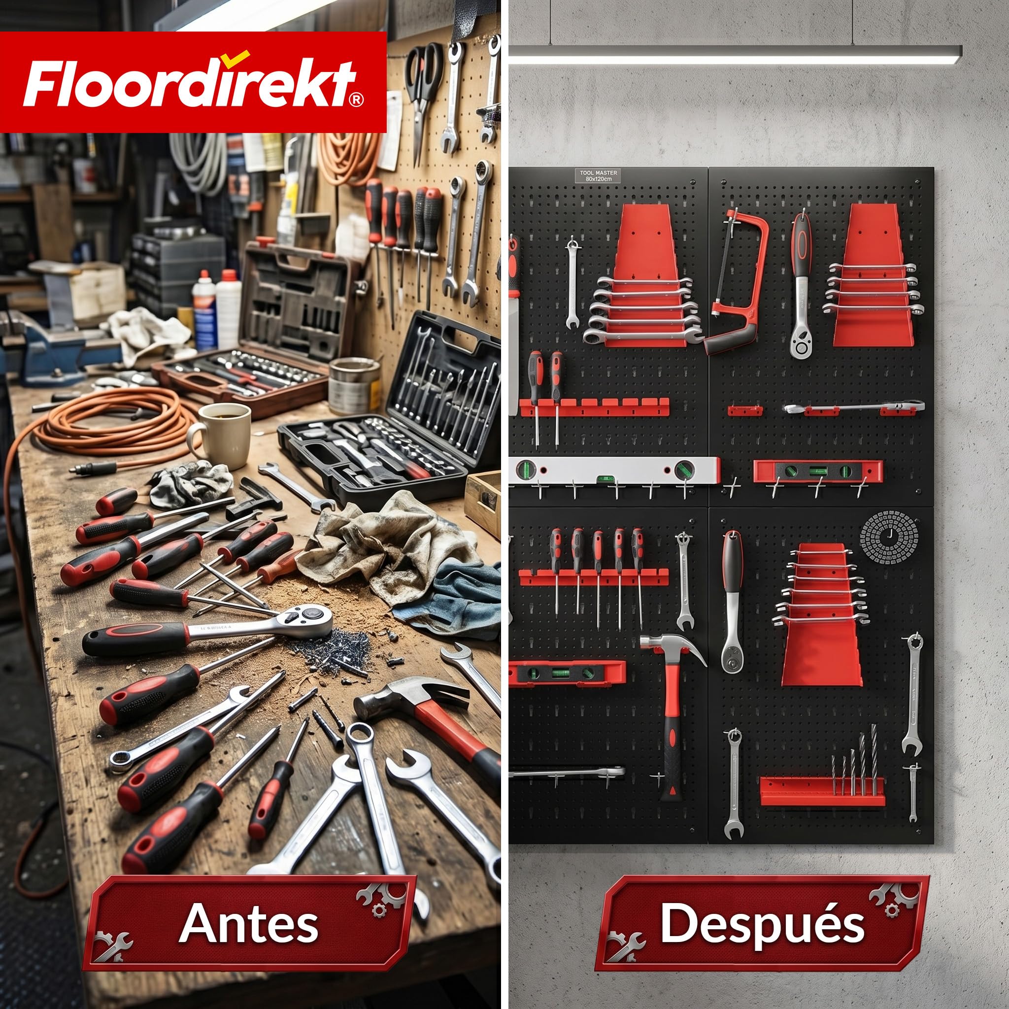Floordirekt Juego de 6 placas perforadas para herramientas, metal, 240 x 60 cm, para banco de trabajo, garaje, taller