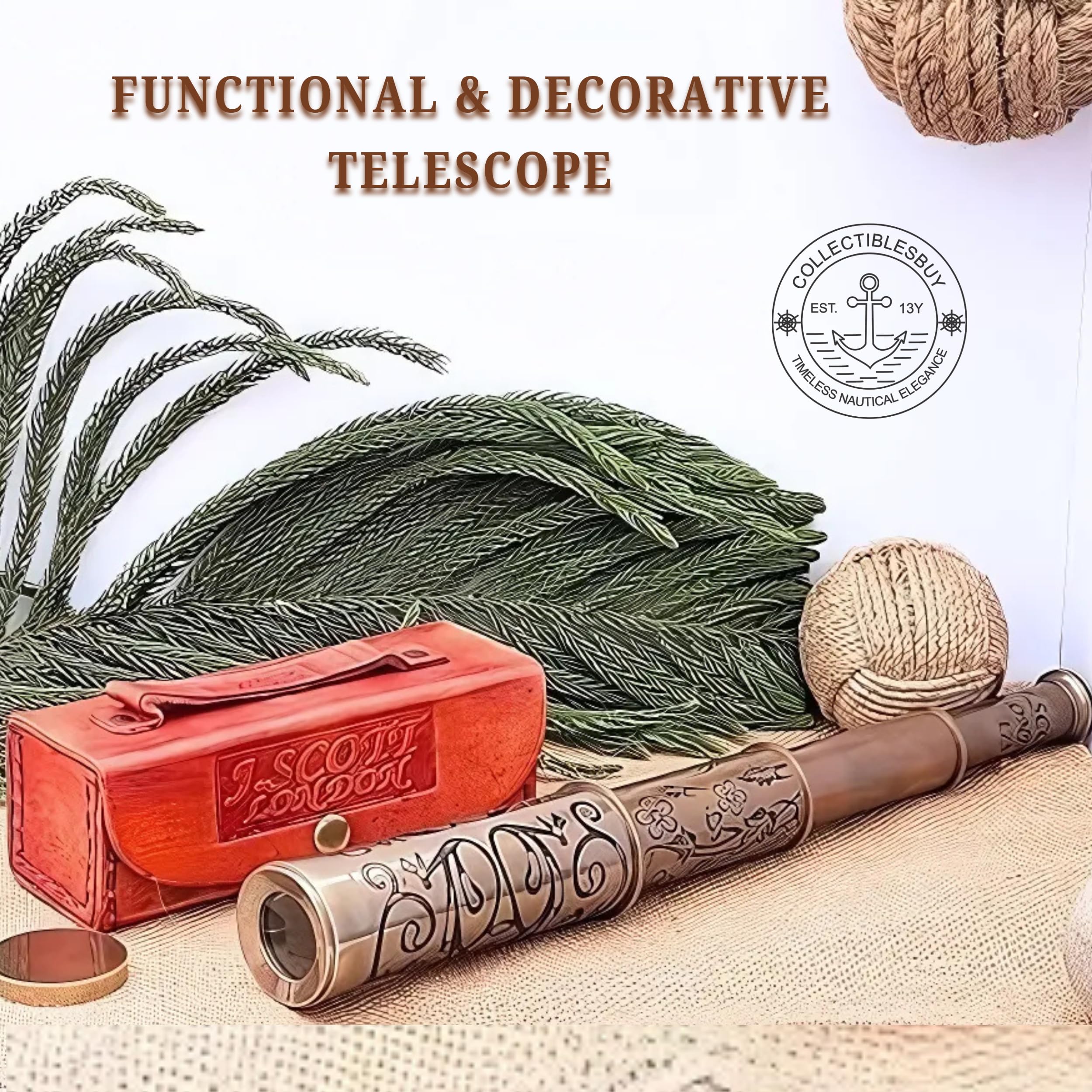 Telescopio de mano de latón retro hecho a mano con caja de cuero, accesorio de película de cristal espía pirata vintage para oficina, decoración de mesa y coleccionistas | Alcance náutico de estilo 5