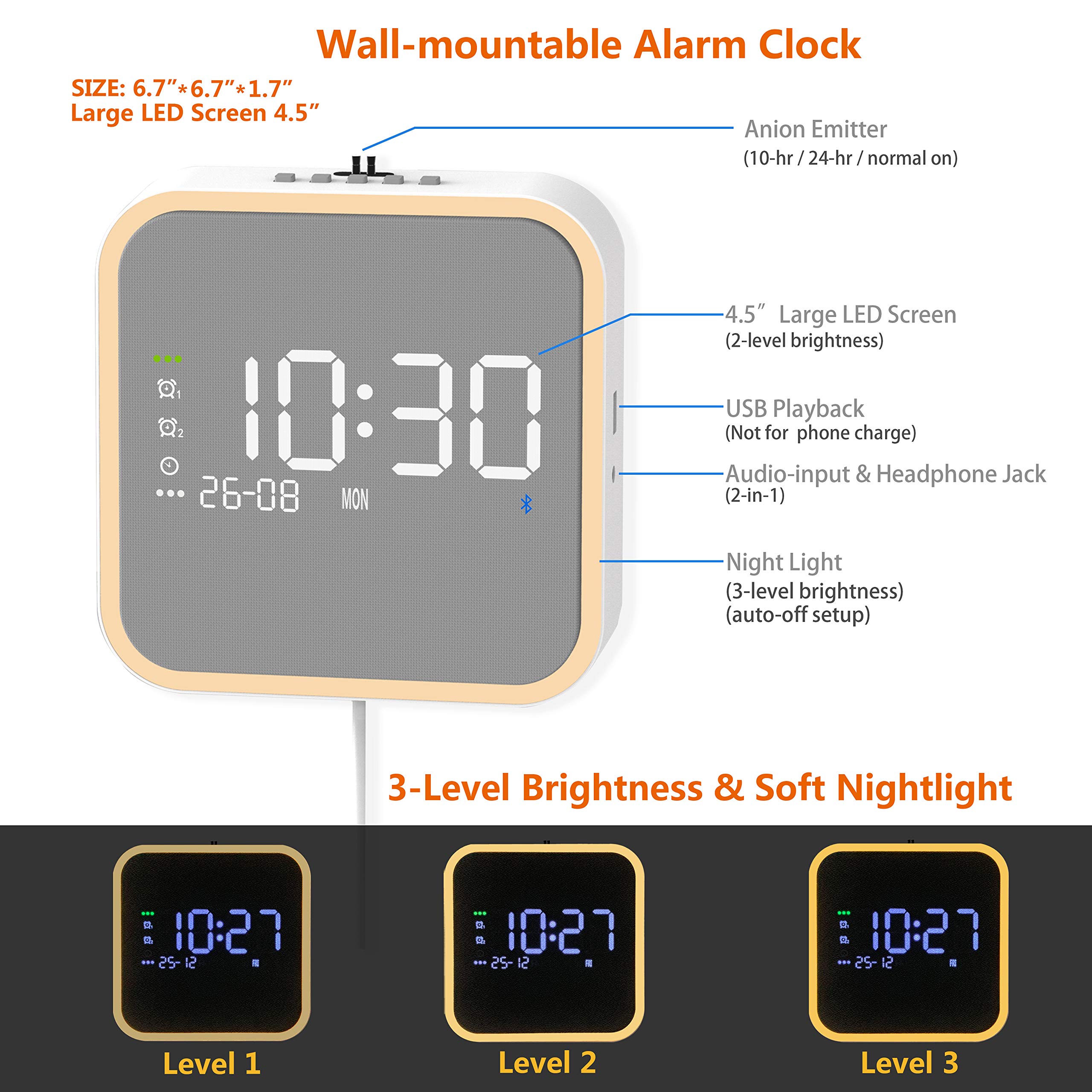 KEiiD Alarm Clock Radios Speaker Wall Mountable with FM Radio Bluetooth