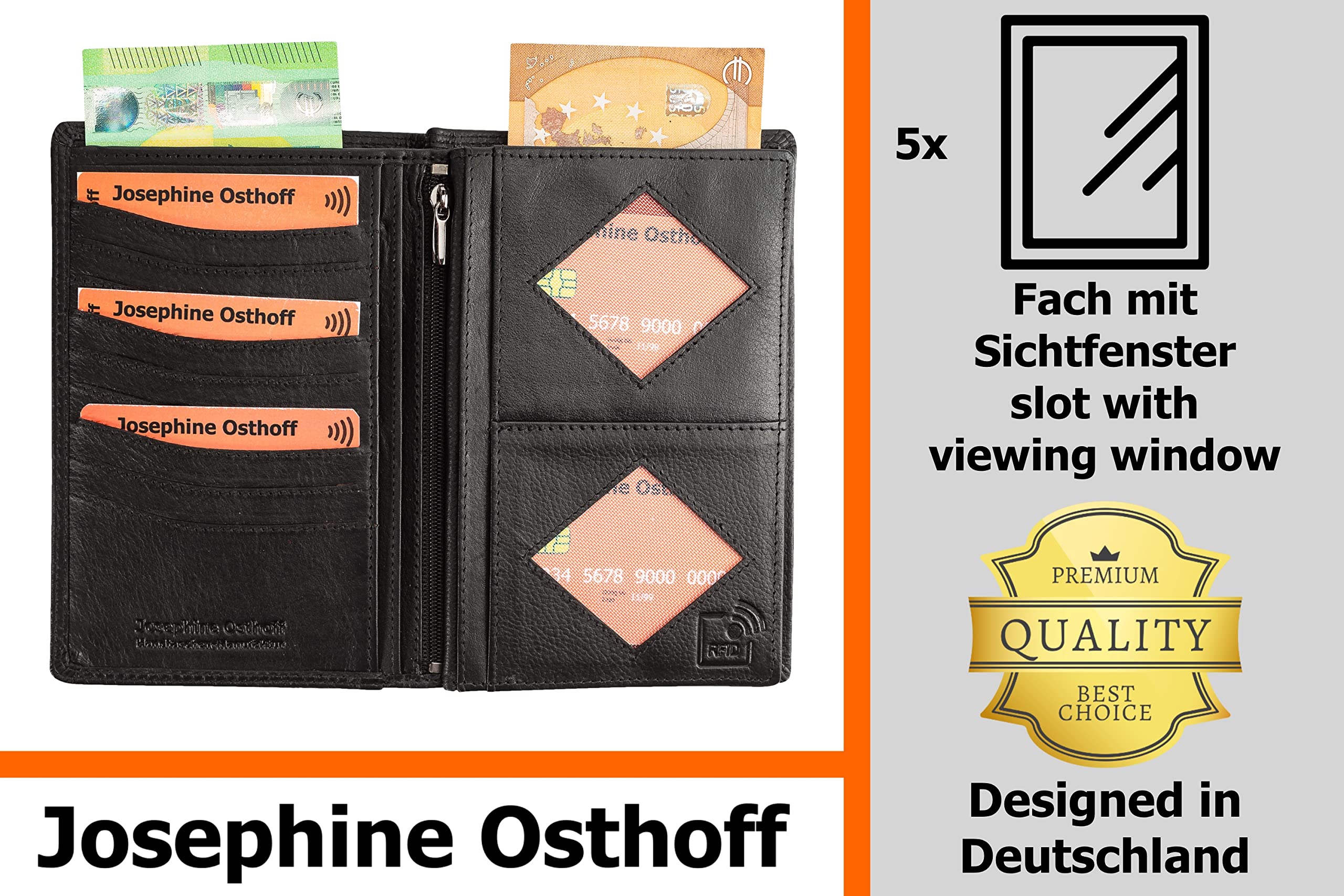 Josephine Osthoff Smukły Skórzany Portfel – Etui na Karty z Blokadą RFID ze Skóry Naturalnej Premium, Przegroda na Paszport i Dokumenty, dla Kobiet i Mężczyzn, Uniseks, Czarny