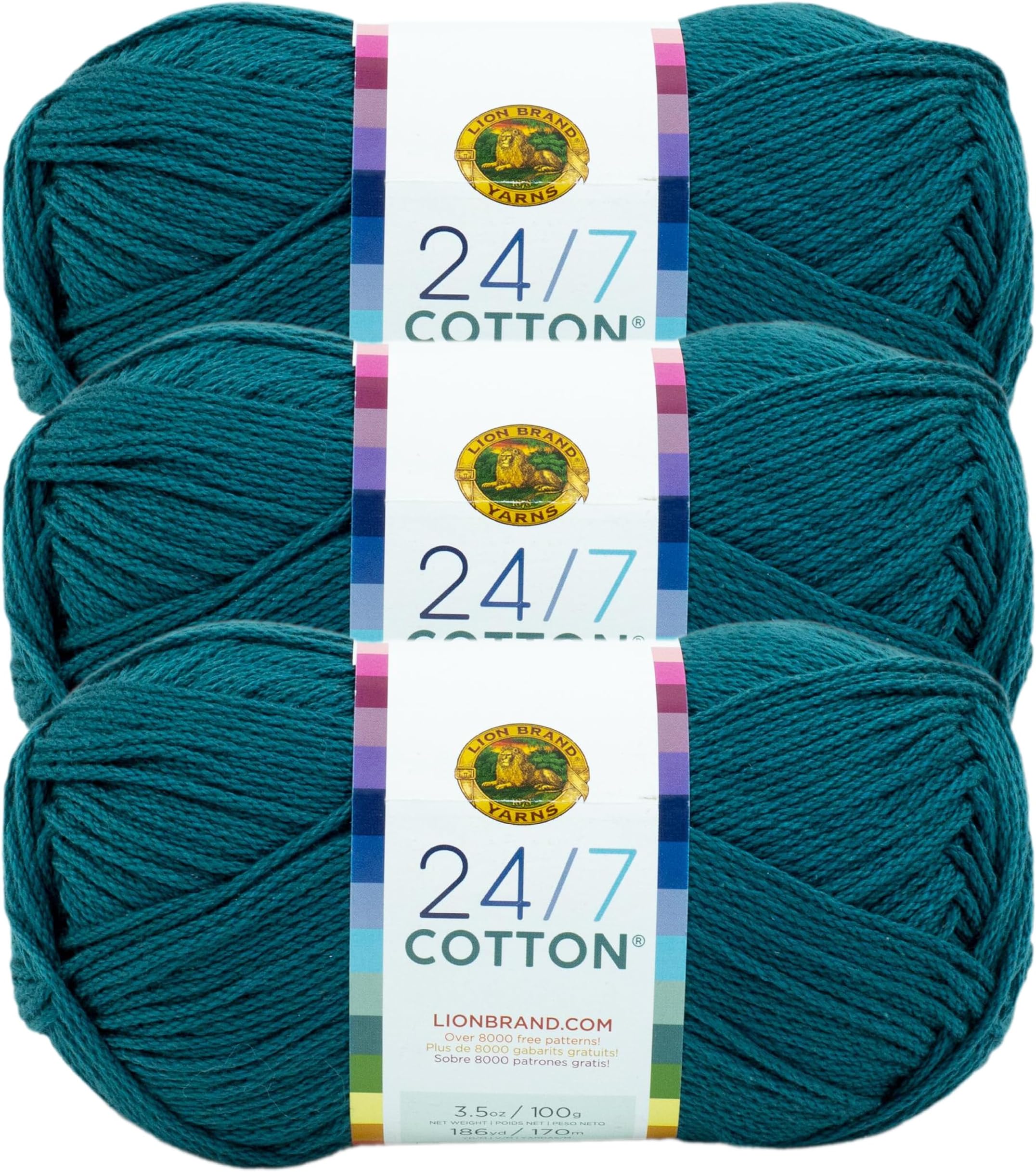 Lion Brand Yarn Lightweight 24/7 Cotton Yarn for Knitting, Crocheting, Crafting, Dragonfly, 3 Pack