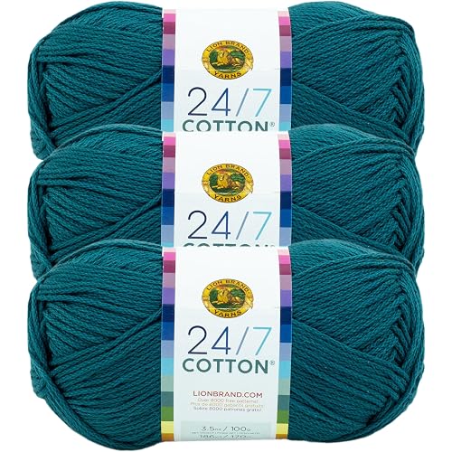 Lion Brand Yarn, 24/7 Cotton Yarn, Dragonfly, Blue Teal, 3 Pack