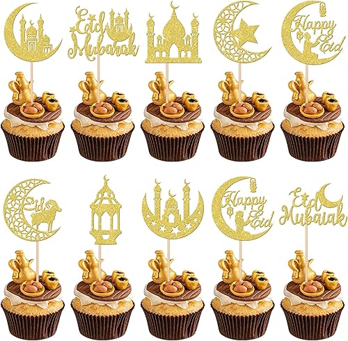 Miniatura 8 de Eid Mubarak - 24 piezas de adornos para cupcakes con purpurina Happy Eid Moon Ramadán Kareem, decoración para cupcakes de Eid Islamic Muslim Theme