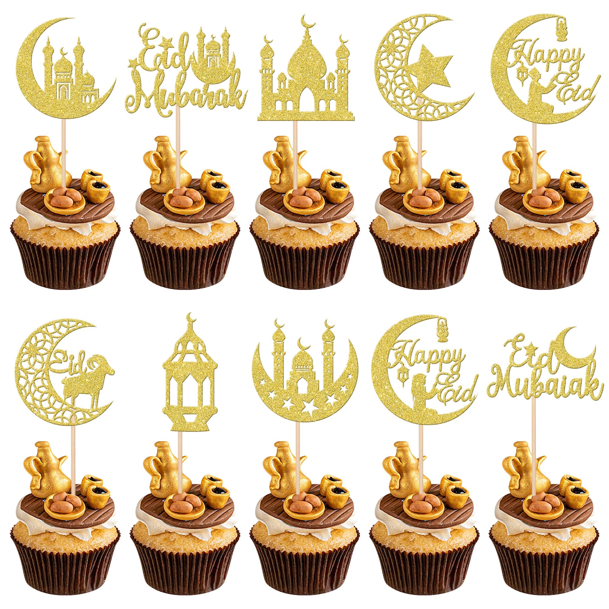 30 PCS Eid Mubarak Cupcake Toppers Glitter Moon Star Ramadan Cupcake Picks Happy Ramadan Cake Decorations for Eid Islamic Muslim Theme Party Cake
