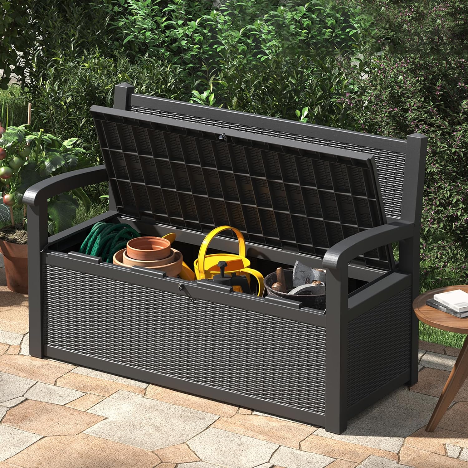 71 Gallon Outdoor Storage Bench Deck Box, Waterproof Outdoor Seating with Lockbale Shed,for Patio Storage Bench,Front Porch Decor,Store Garden Tools and Pool Supplies,Multi-functional Storage (Black)