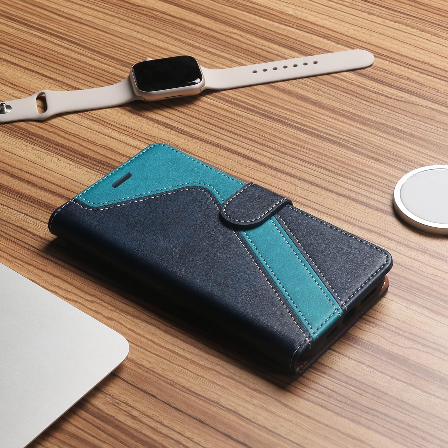 for iPhone 14 Plus Wallet Case,Leather Flip Case [RFID Blocking] Credit Card Holder Folio Magnetic Stand TPU Shockproof Cover Color Matching for iPhone 14 Plus (6.7") Blue Green - Image 6