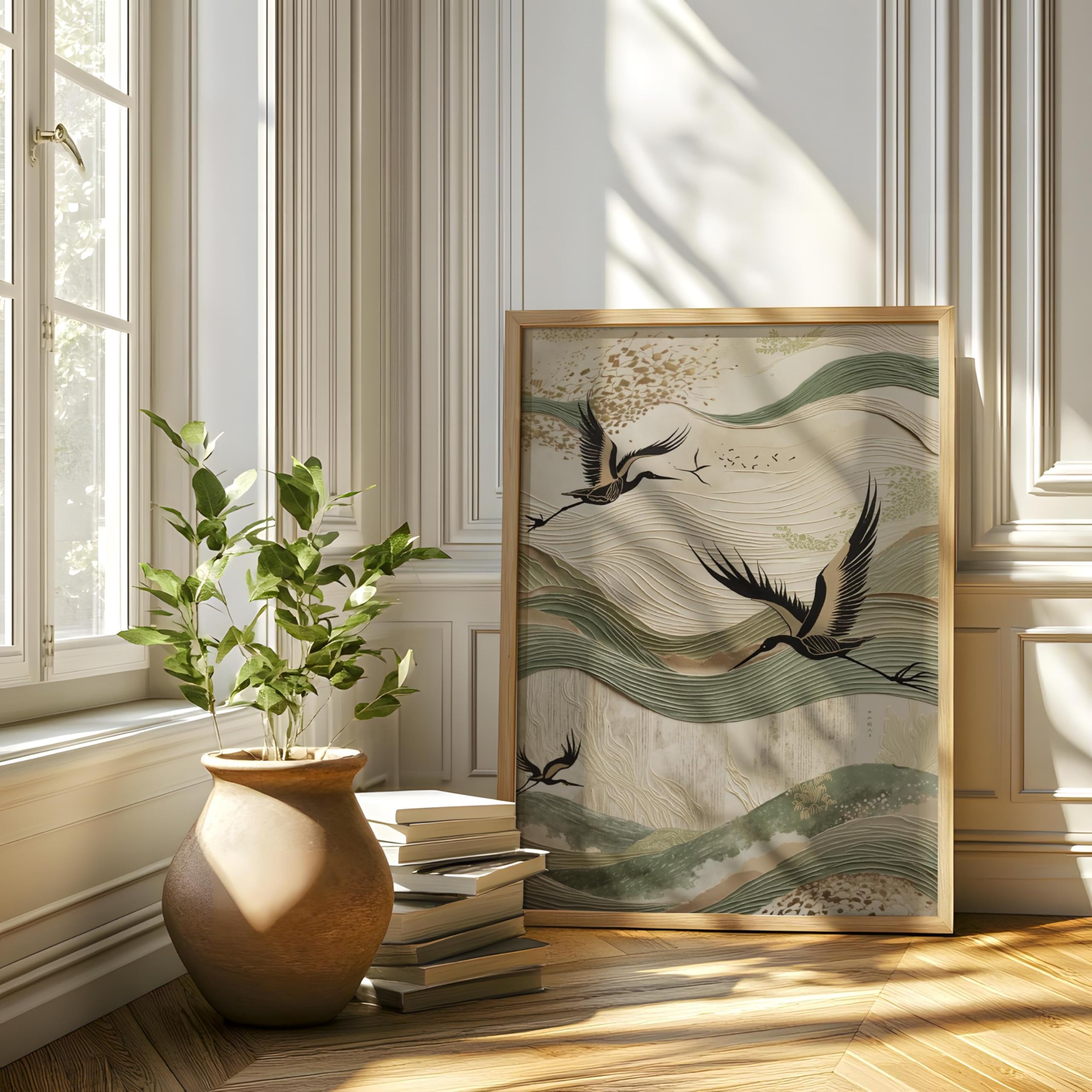 ZHAOLIN Wabi Sabi beżowa i szałwiowa zieleń, japońska sztuka żurawia, minimalistyczny nadruk Japandi, sztuka ścienna, fale, 40 x 60 cm, rama wewnętrzna