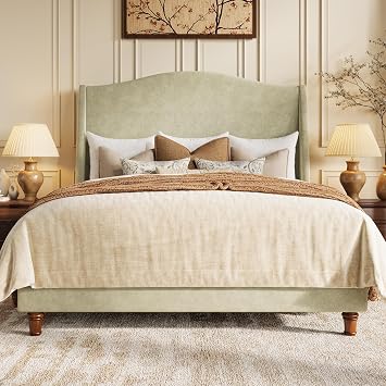 SHA CERLIN Full Size Chenille Bed Frame, Retro Wooden Legs, Saga Green