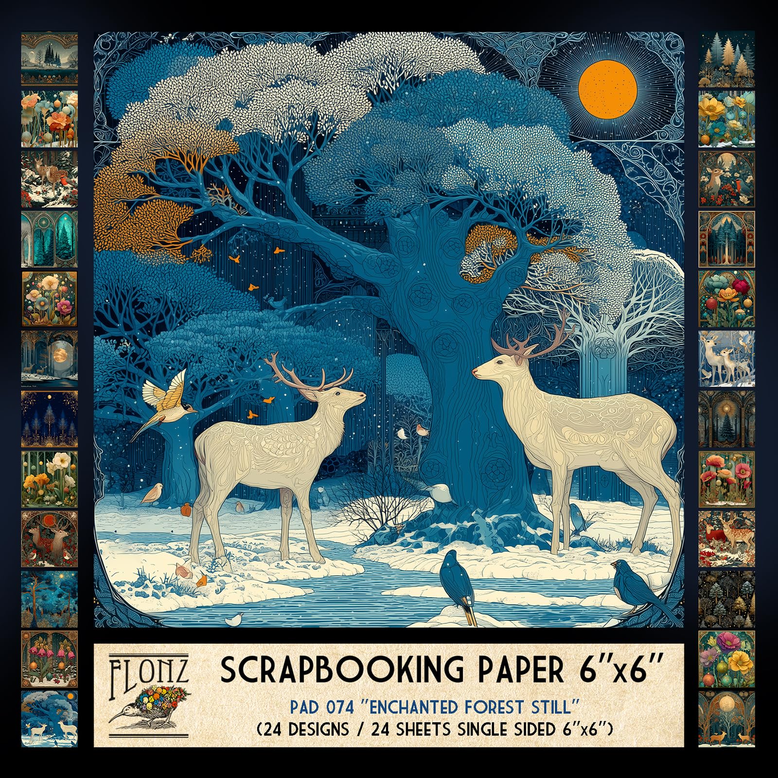 FLONZ Papier do scrapbookingu (24 arkusze 15 cm x 15 cm) Zaczarowany las Still ~ Mistyczne motywy leśne i kwiatowe w stylu inspirowanym secesją z malarskimi teksturami i głębokimi, stonowanymi tonami