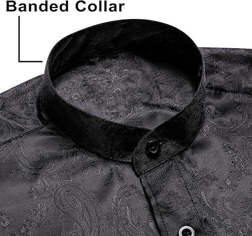 Miniatura 4 de Hi-Tie Camisa de vestir con cuello de banda para hombre, con botones, casual, manga larga, ajuste regular, para baile de graduación, boda, negocios