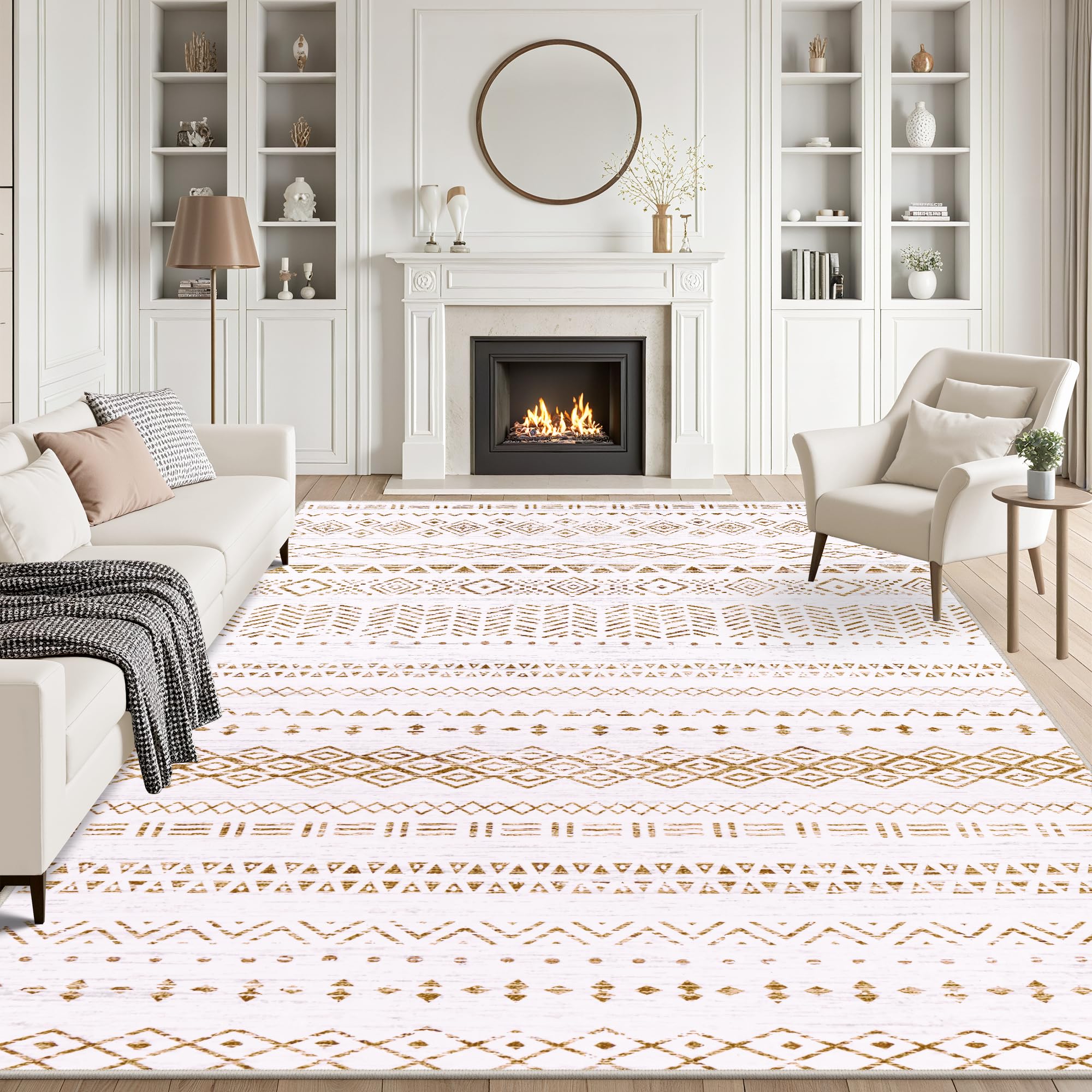 10x14 Area Rugs Living Room Rug: Washable Rug Neutral Lagre Soft Thin Carpet Indoor Floor Non Slip Boho Geometric Moroccan Carpets for Bedroom Dining Room Farmhouse Nursery Office - Brown