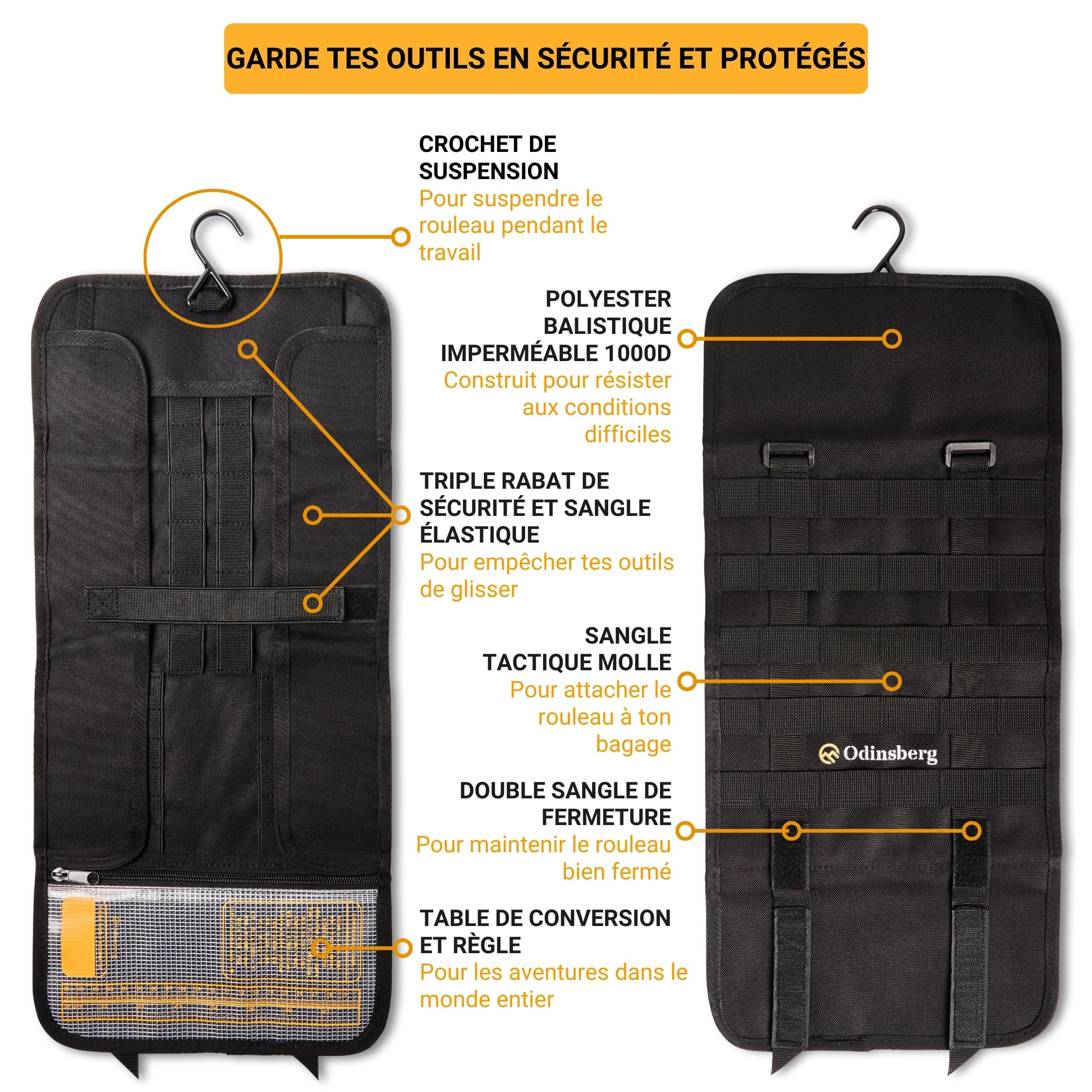 Odinsberg Sac à Outils Moto Enroulable - Outils NON inclus - Sacoche avec 56 élastiques, poche, système MOLLE et double fermeture pour protéger et organiser la trousse à outils