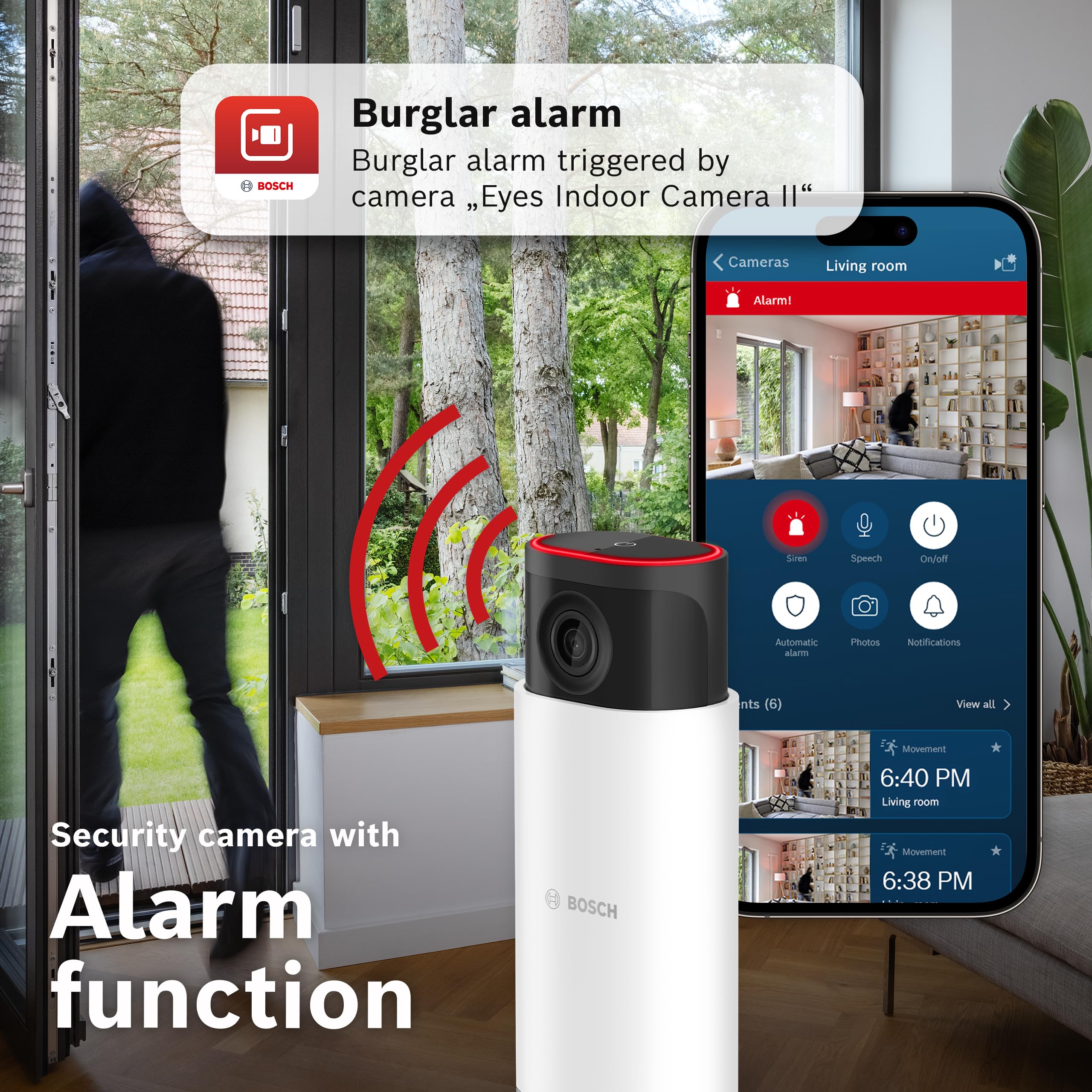 Bosch Smart Home - Caméra intérieure Eyes II, caméra de Surveillance Wi-FI avec détection Intelligente des Personnes, sirène d'alarme sonore et Mode de confidentialité, Compatible avec Amazon Alexa