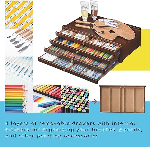 Miniatura 4 de MEEDEN Caja de almacenamiento de suministros de arte de 4 cajones, caja de lápices multifunción de madera de haya con cajón y compartimentos para