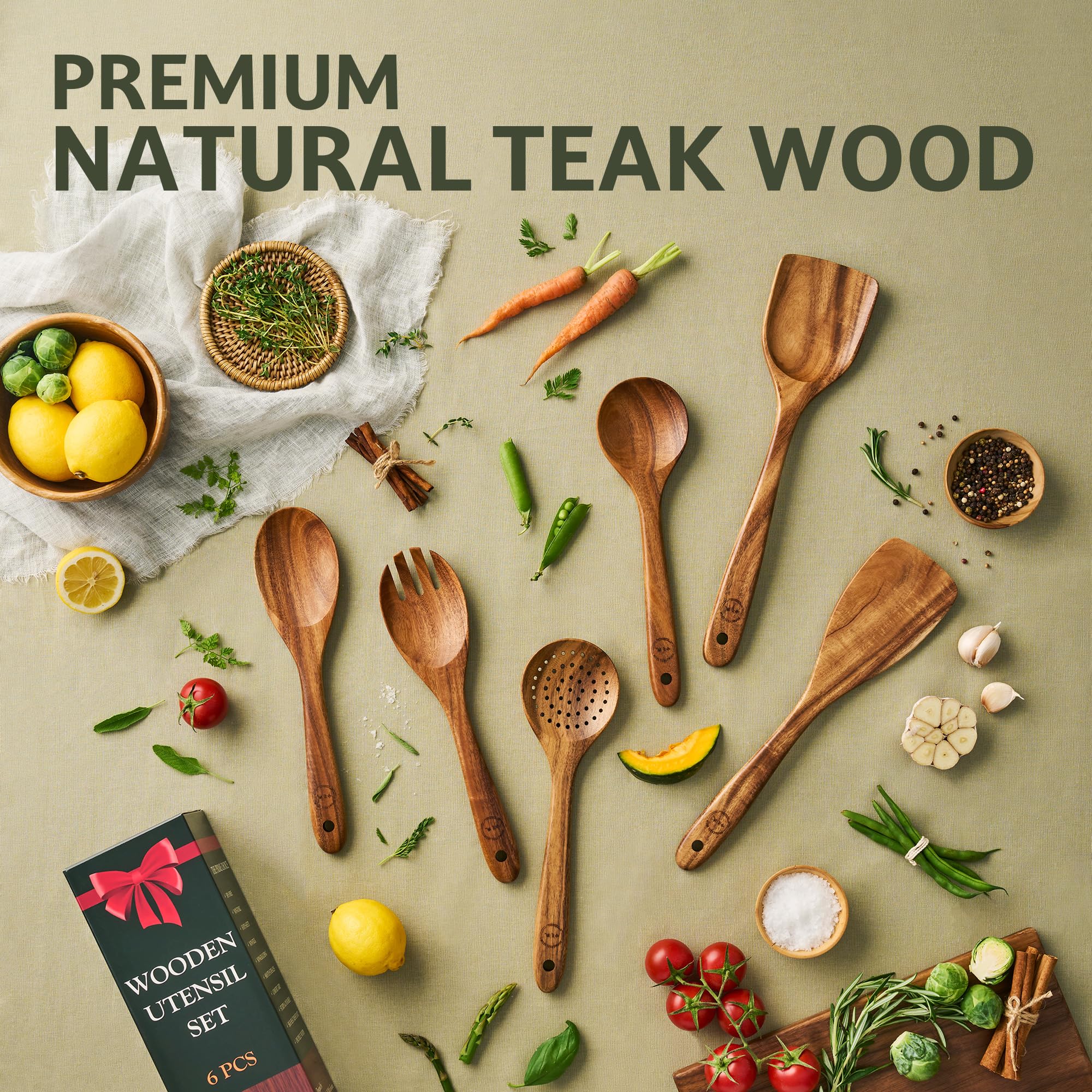 SOOMGYEOL SEOM Juego de utensilios de cocina de alta calidad sin revestimiento, 6 piezas de madera de teca, incluye cucharas de madera antiadherentes que no rayan para cocinar, ideal para regalos de
