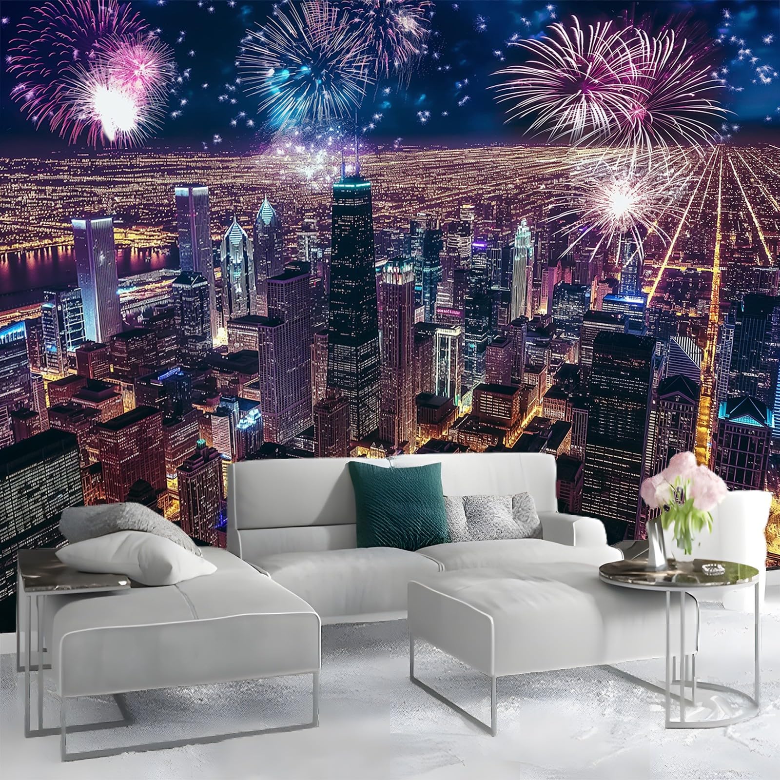Generico Carta Da Parati Fotografica 3d Effetto Vista Notturna Della Città Di Chicago 400x280 cm Moderna Design Carta per Pareti Soggiorno Camera Da Letto Sala Fotomurali Non Tessuto