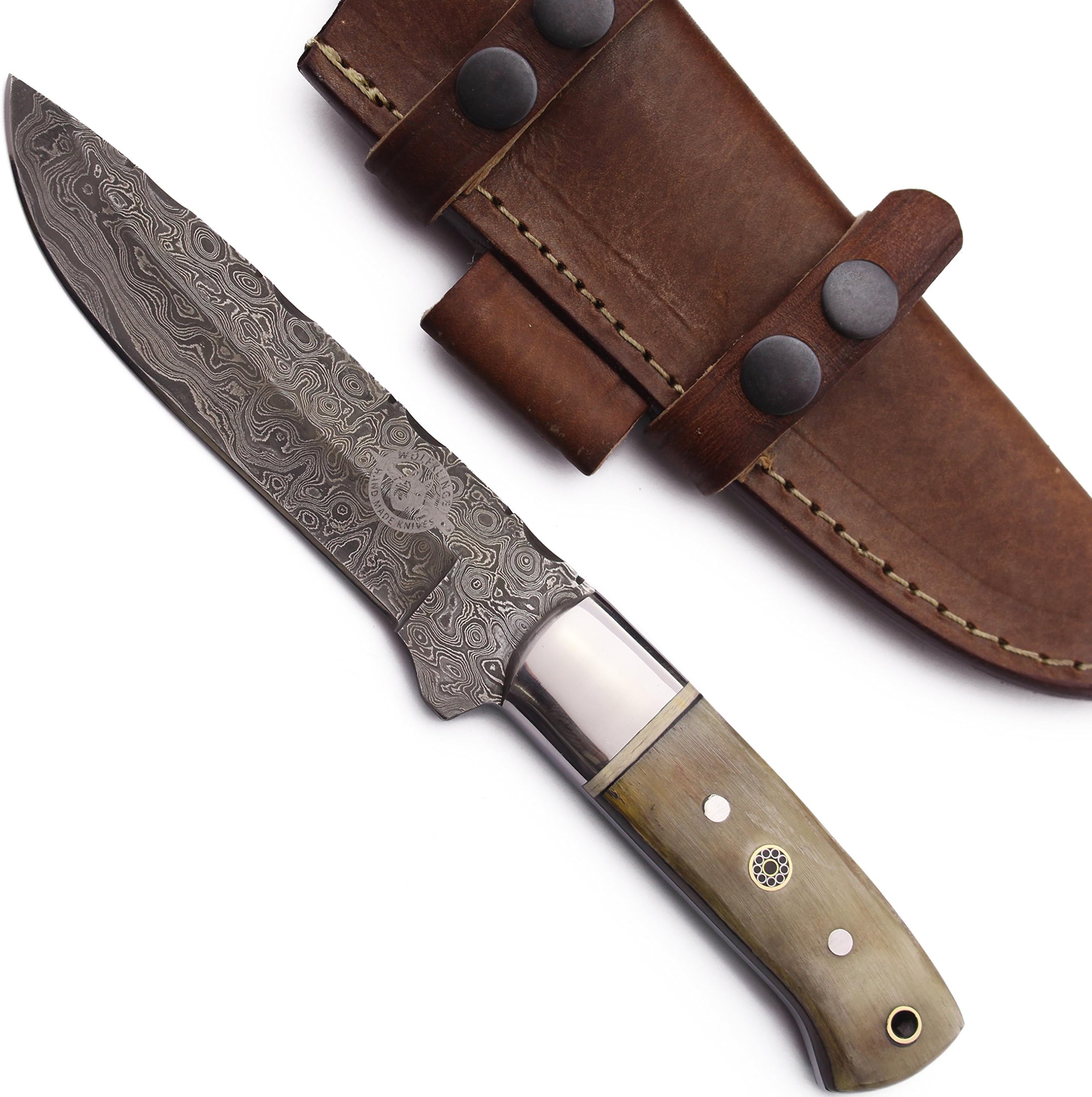 WolfKlinge DCX17-59 Handmade Damascus Steel Hunter, Sheep Horn Handle, with Cowhide Leather Sheath