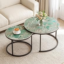 Round Nesting Coffee Table, Green Modern Decorative Coffee Center Table Set of 2,Round Sintered Stone 24'' Coffee Table for Living Room with Sturdy Metal Frame.