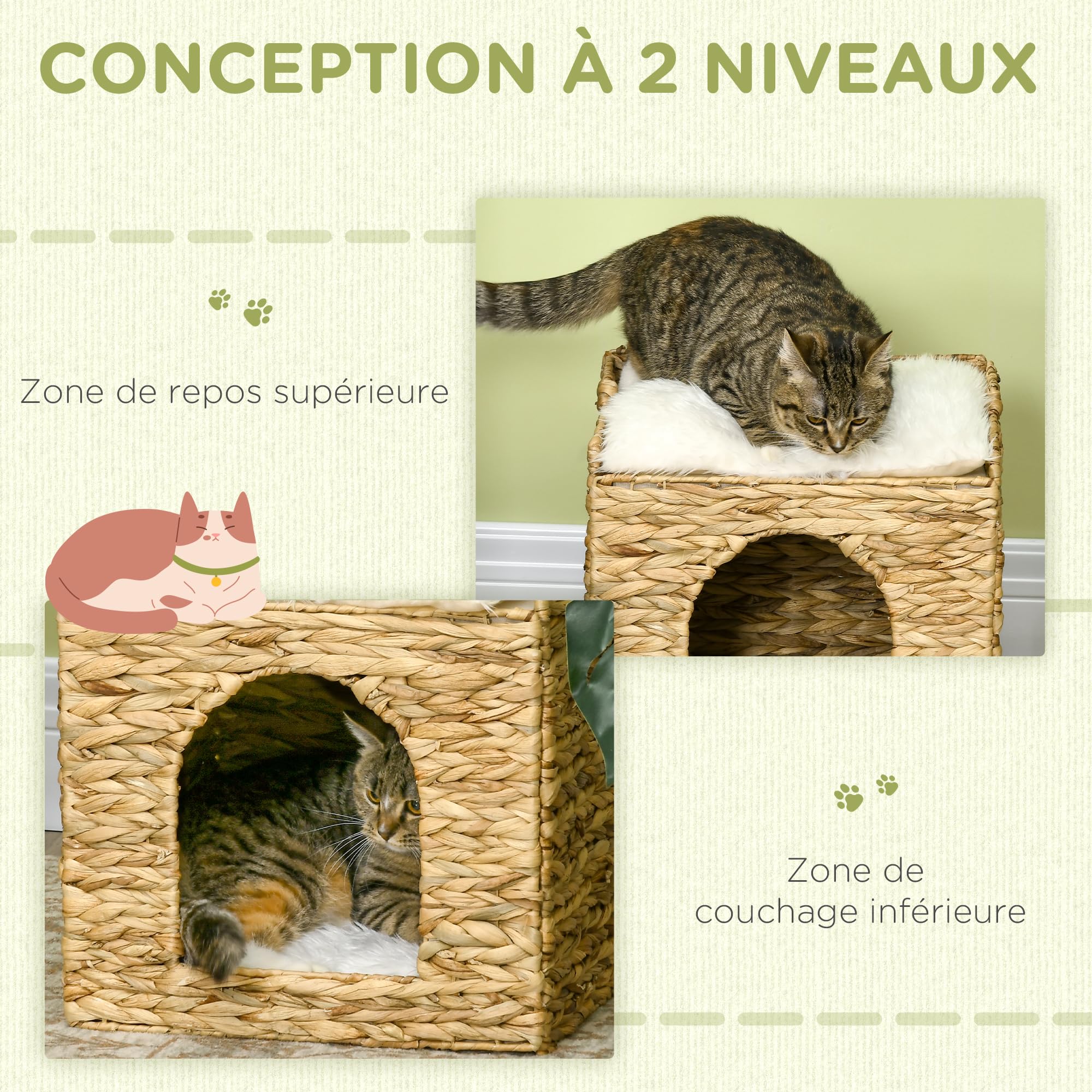 PawHut Maison à Chat Niche pour Chat à 2 Niveaux avec 2 Coussins en Jacinthe d'eau - 37,5 x 37,5 x 41,5 cm Marron, crème