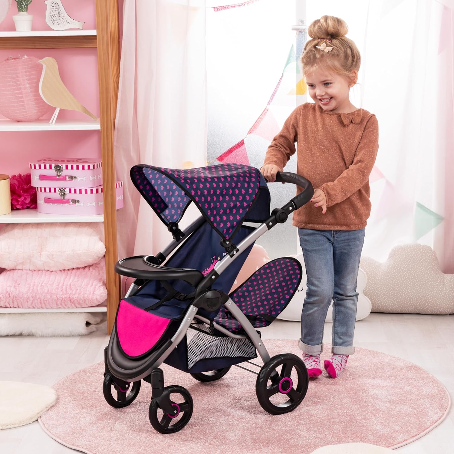 Bayer: Twin Star Stroller - Blue, Hot Pink, Unicorn - Seats 2 Dolls Up to 18", Shoulder Bag, Foldable Sibling Buggy, Kids Toy, Ages 3+