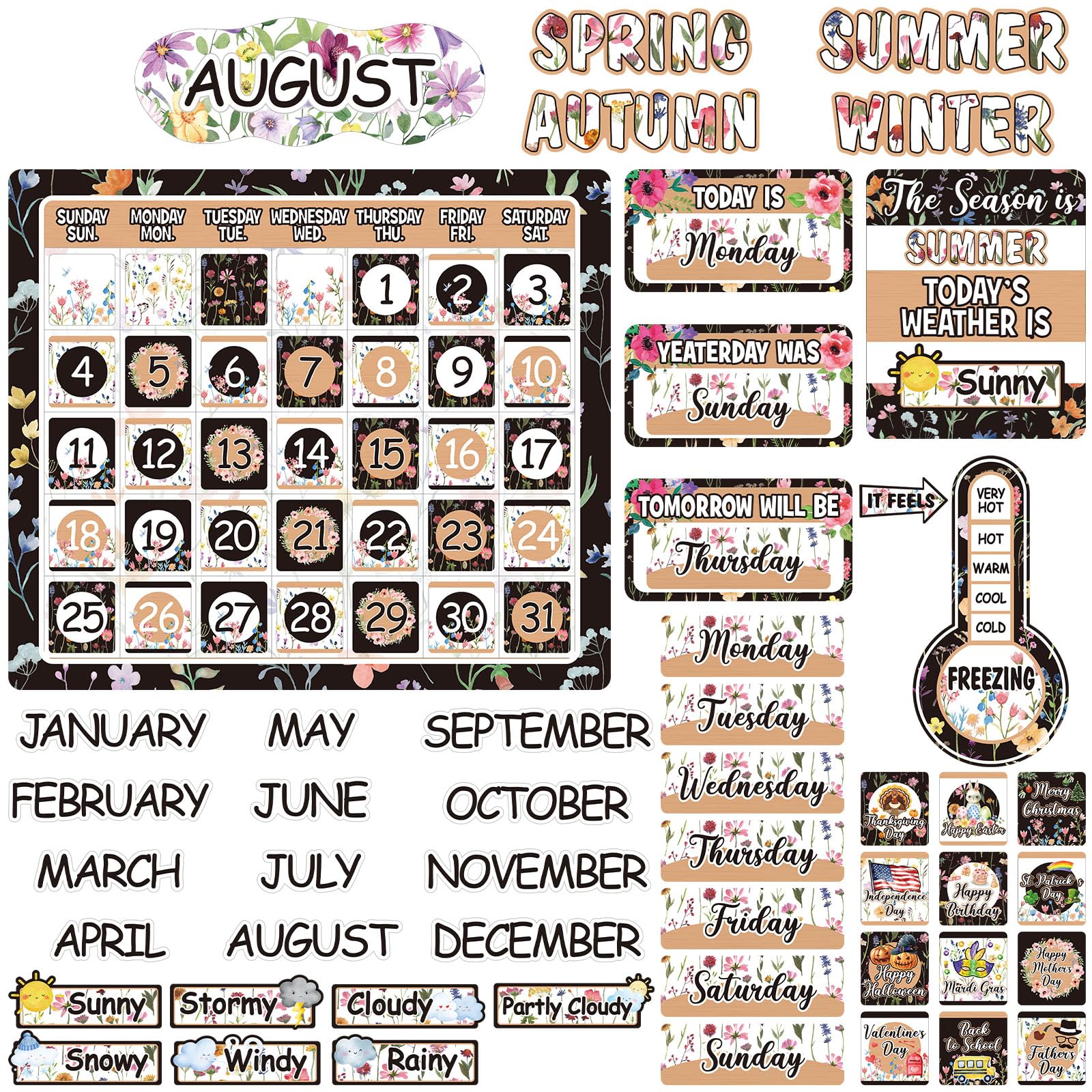 Cholemy 85 Pcs Wildflower Calendar Bulletin Board Set Flower Classroom Calendar Bulletin Board with Numbers Month Weather Back to School Wildfloral Theme Chalkboard Wall Classroom Decoration Supplies